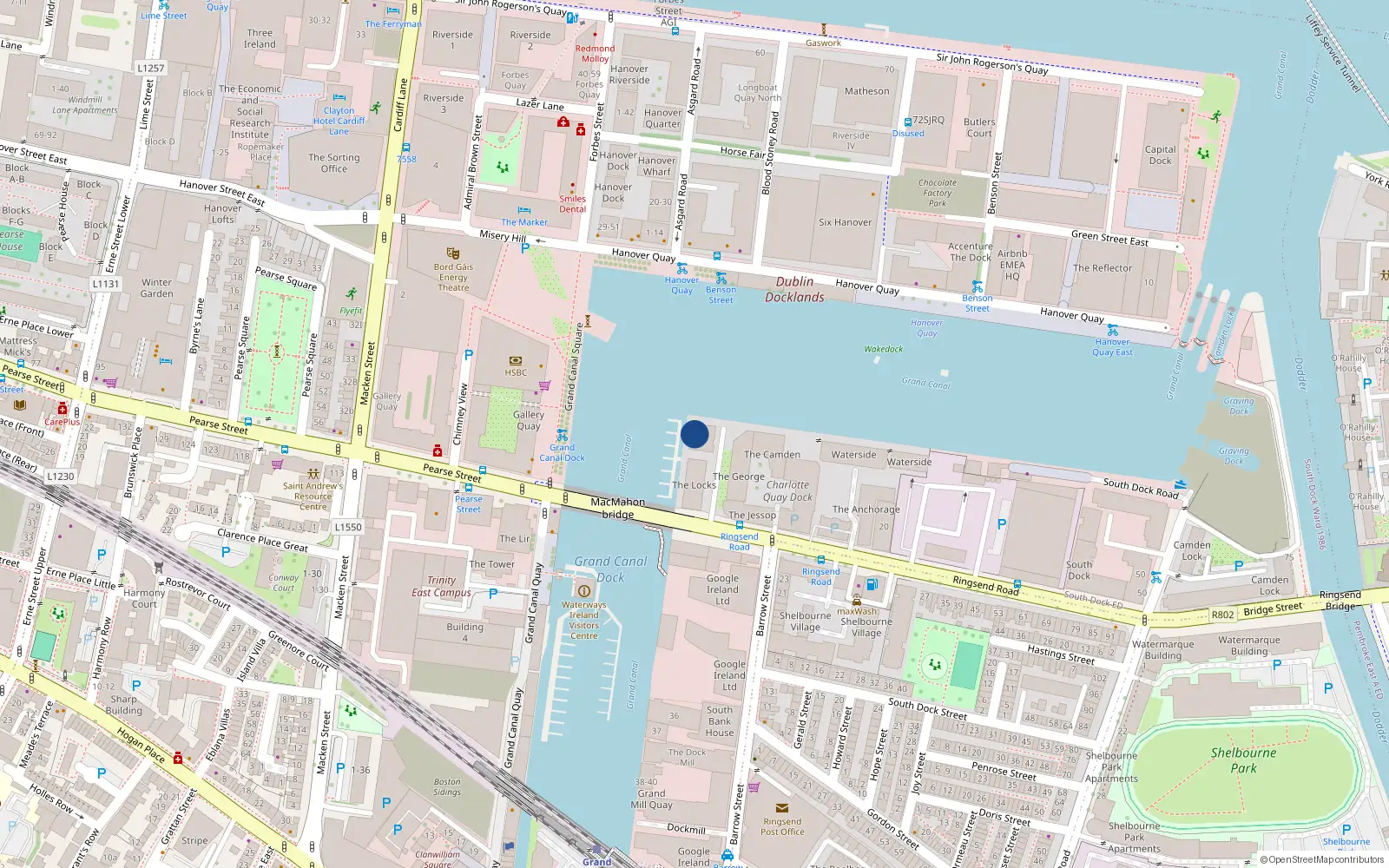 Overhead map showing the location of 20 the Locks, Charlotte Quay, Dublin 4