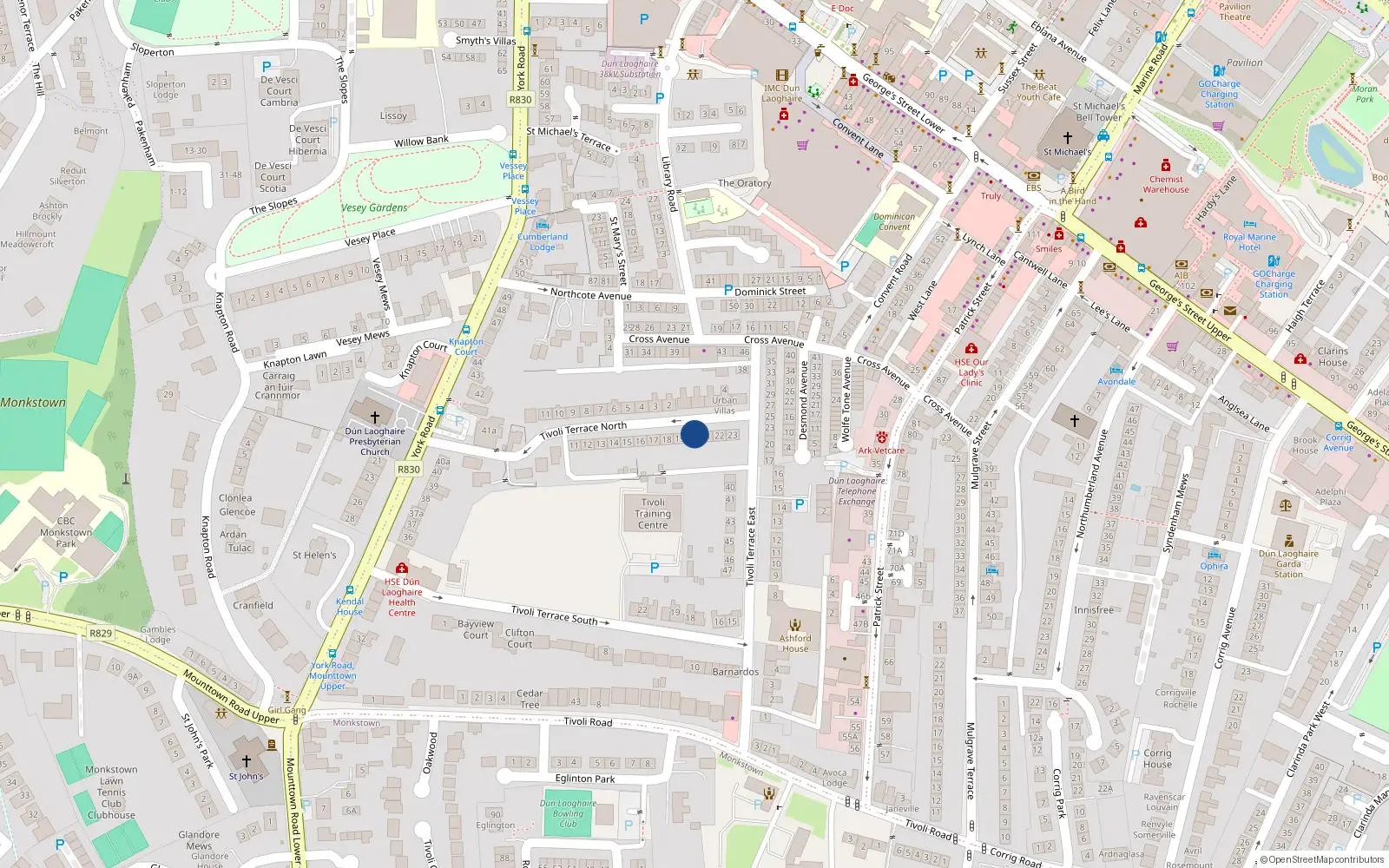 Overhead map showing the location of 20 Tivoli Terrace North, Dun Laoghaire, Dublin