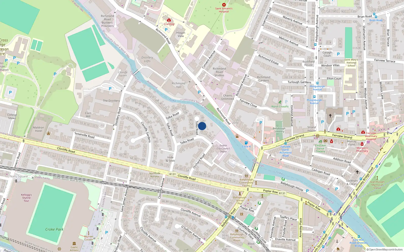 Overhead map showing the location of 20 Tolka Road, Ballybough, Dublin 3