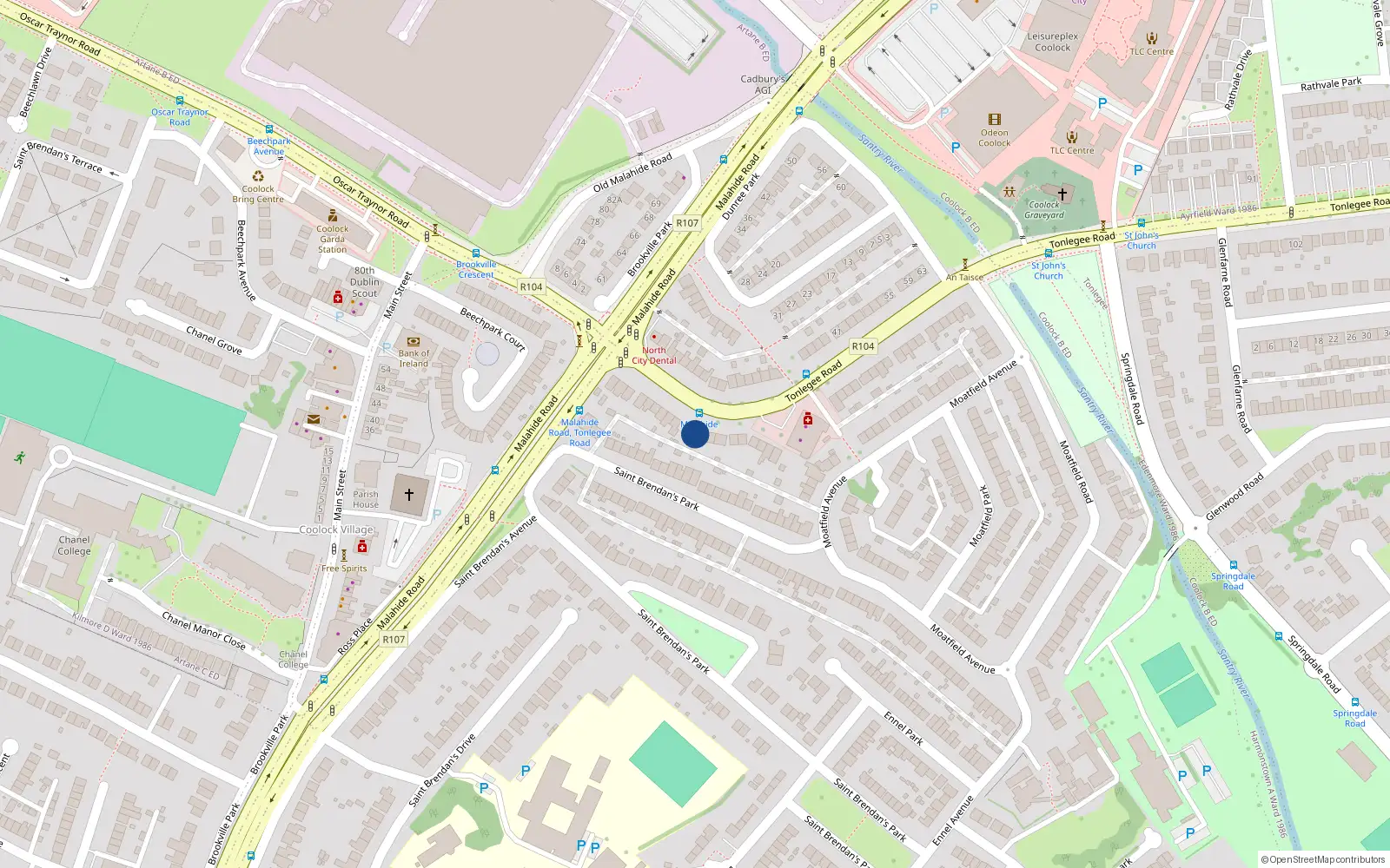 Overhead map showing the location of 20 Tonlagee Road, Raheny, Dublin 5