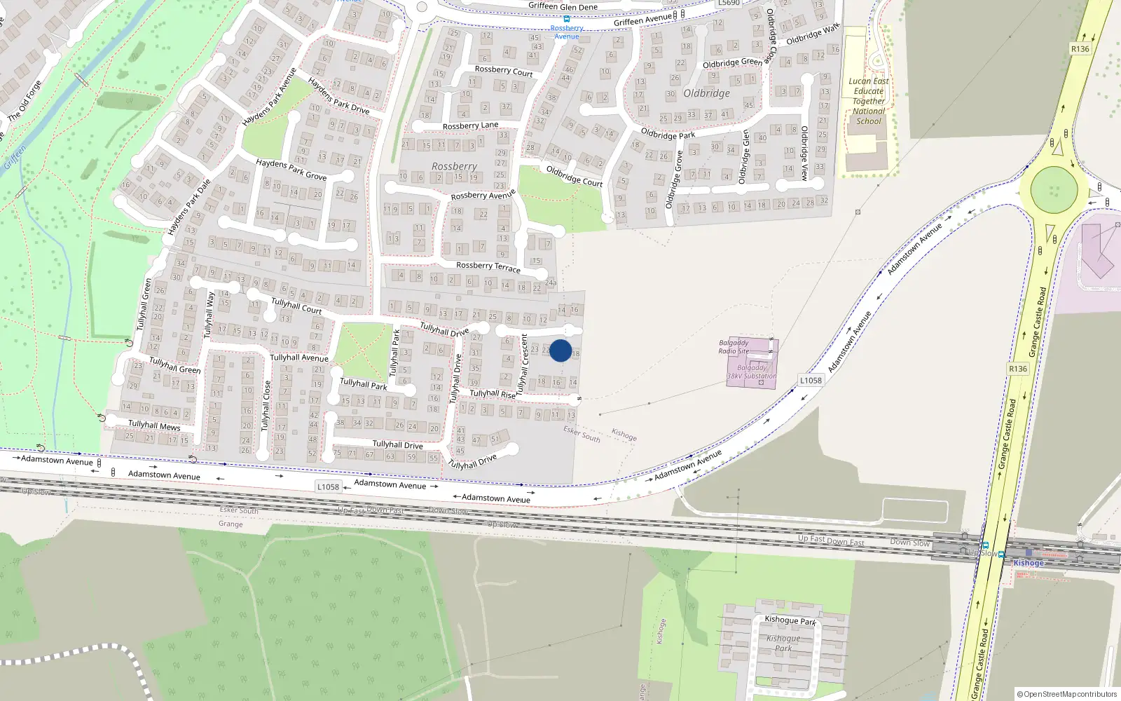 Overhead map showing the location of 20 Tullyhall Crescent, Lucan