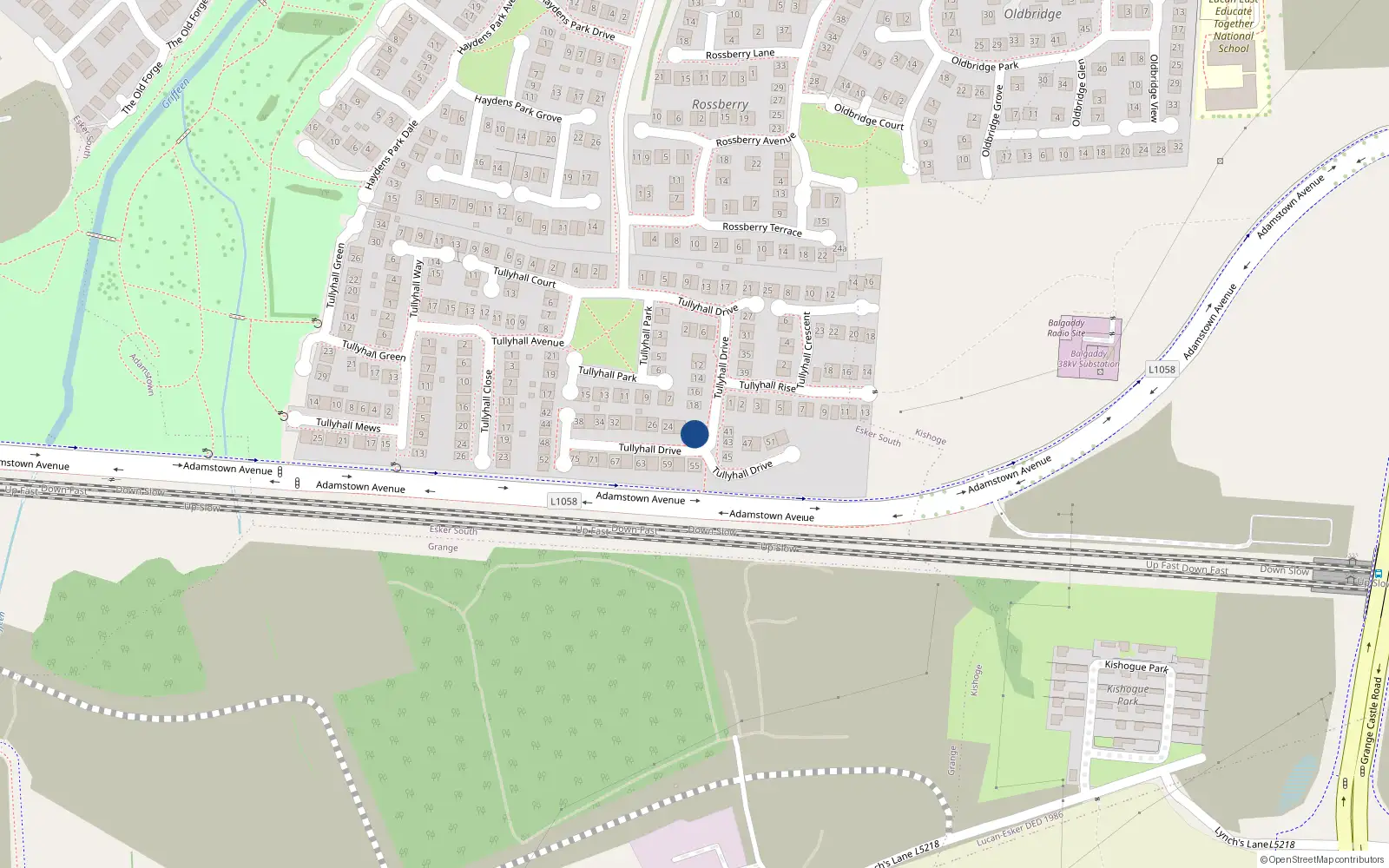 Overhead map showing the location of 20 Tullyhall Drive, Lucan