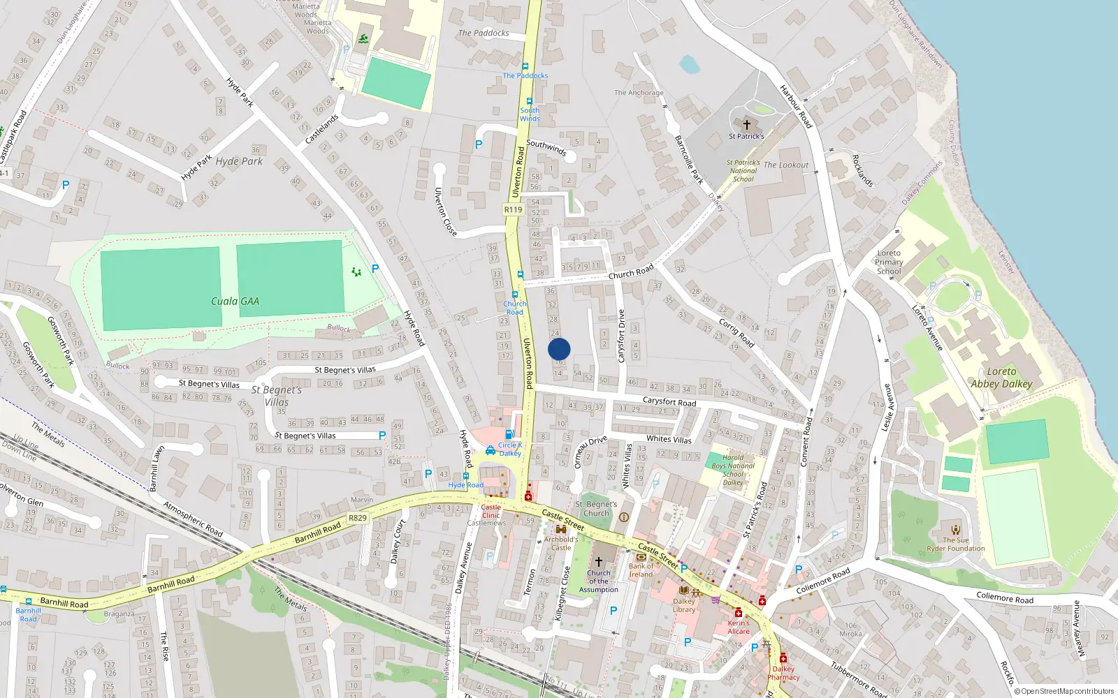 Overhead map showing the location of 20 Ulverton Road, Dalkey