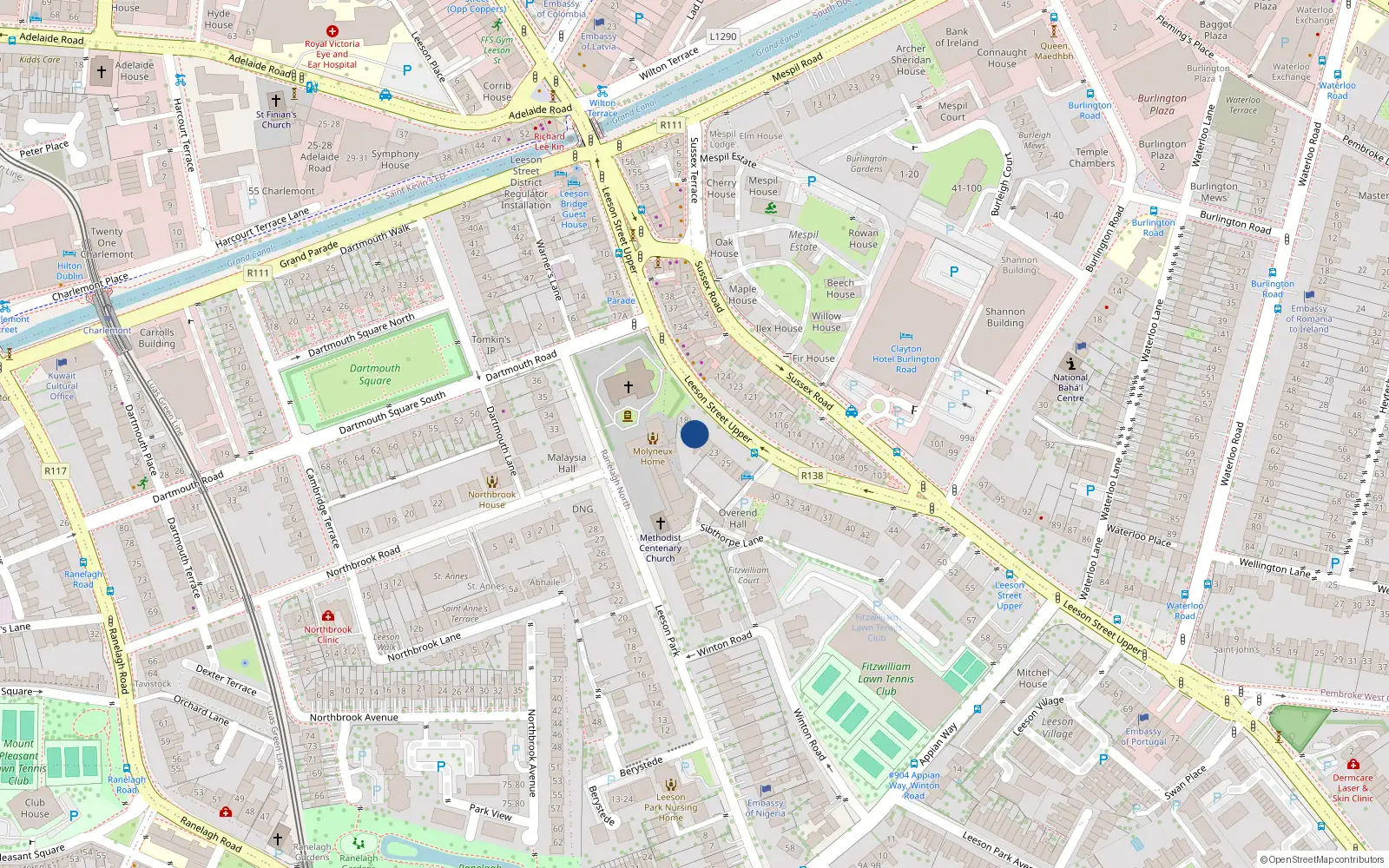 Overhead map showing the location of 20 Leeson Street Upper, Dublin