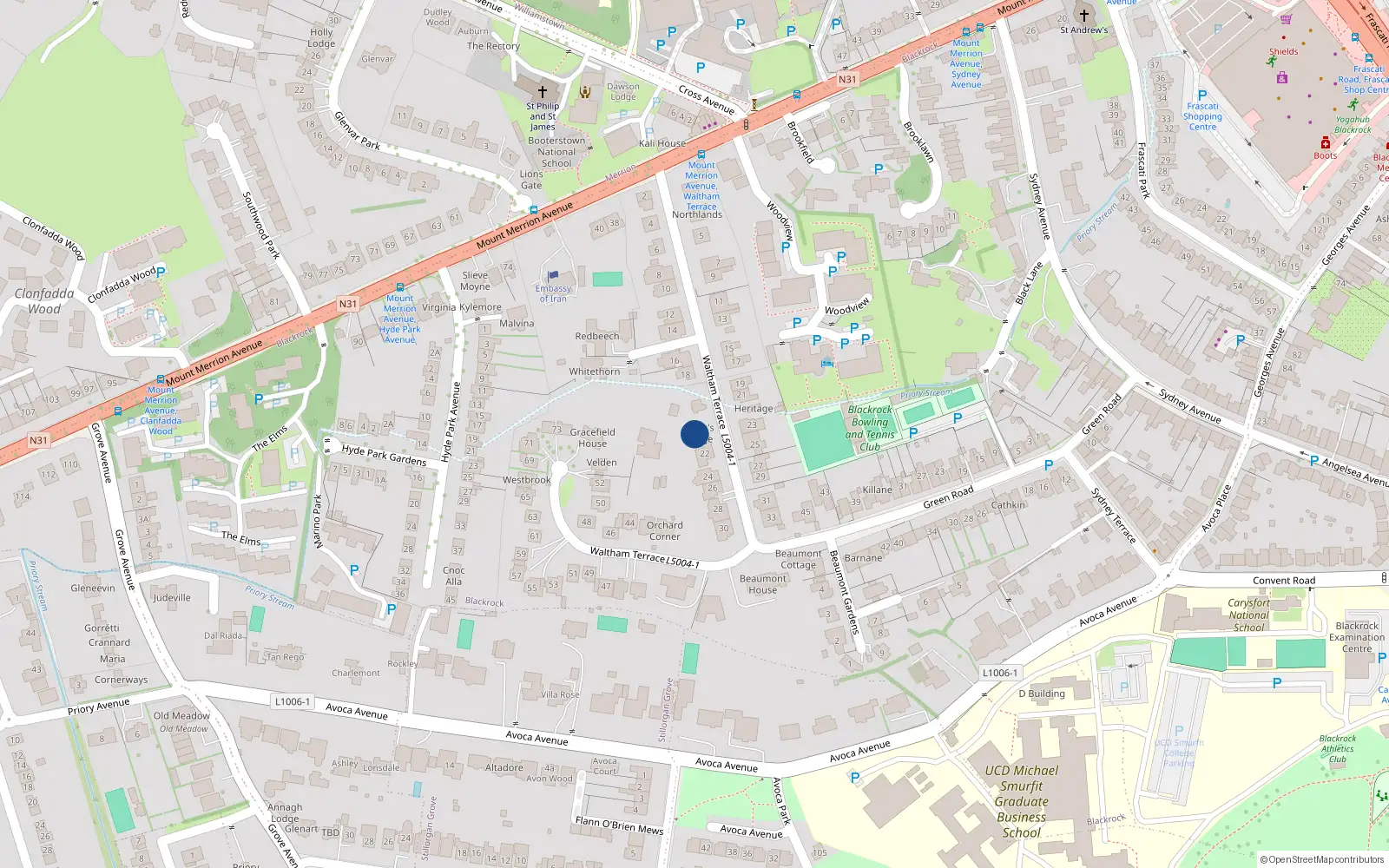 Overhead map showing the location of 20 Waltham Terrace, Dublin