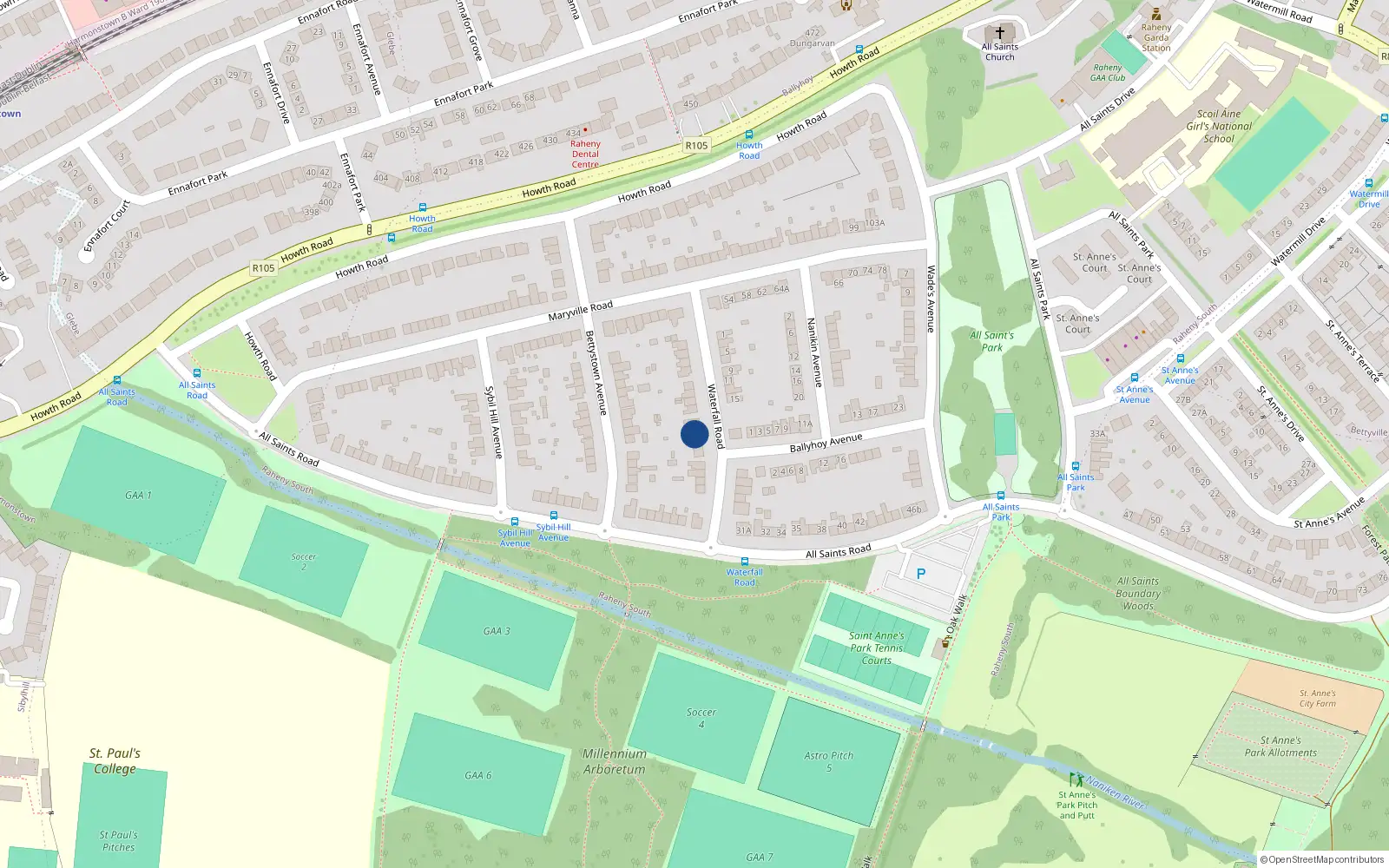 Overhead map showing the location of 20 Waterfall Road, St Annes Estate, Raheny Dublin 5