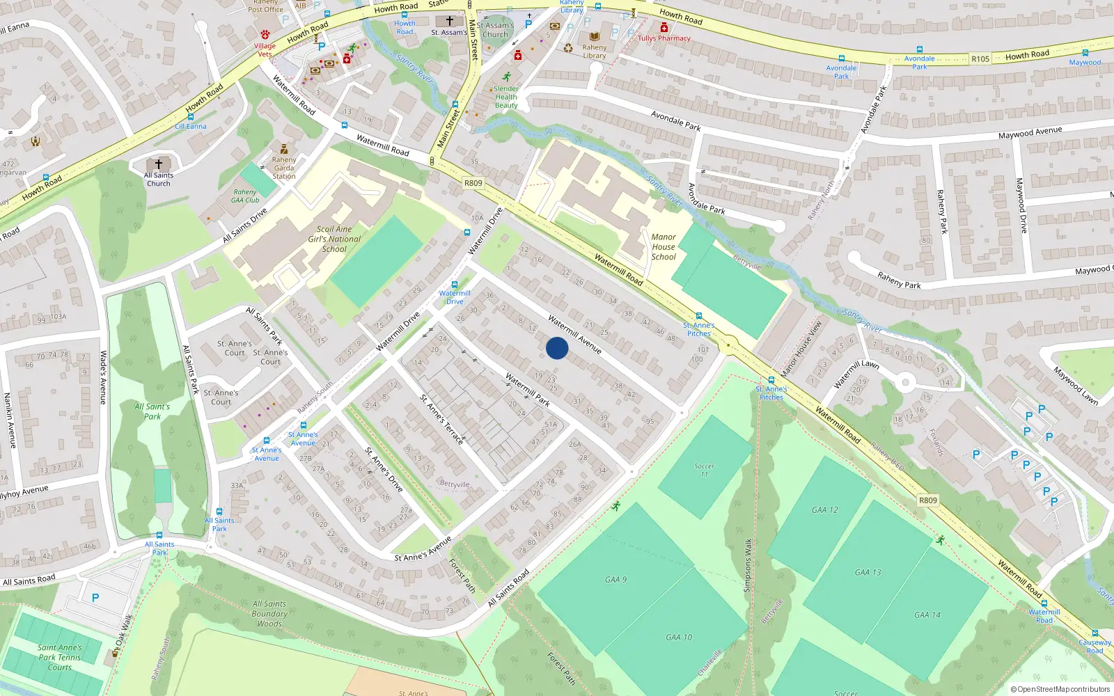 Overhead map showing the location of 20 Watermill Avenue, Dublin 5