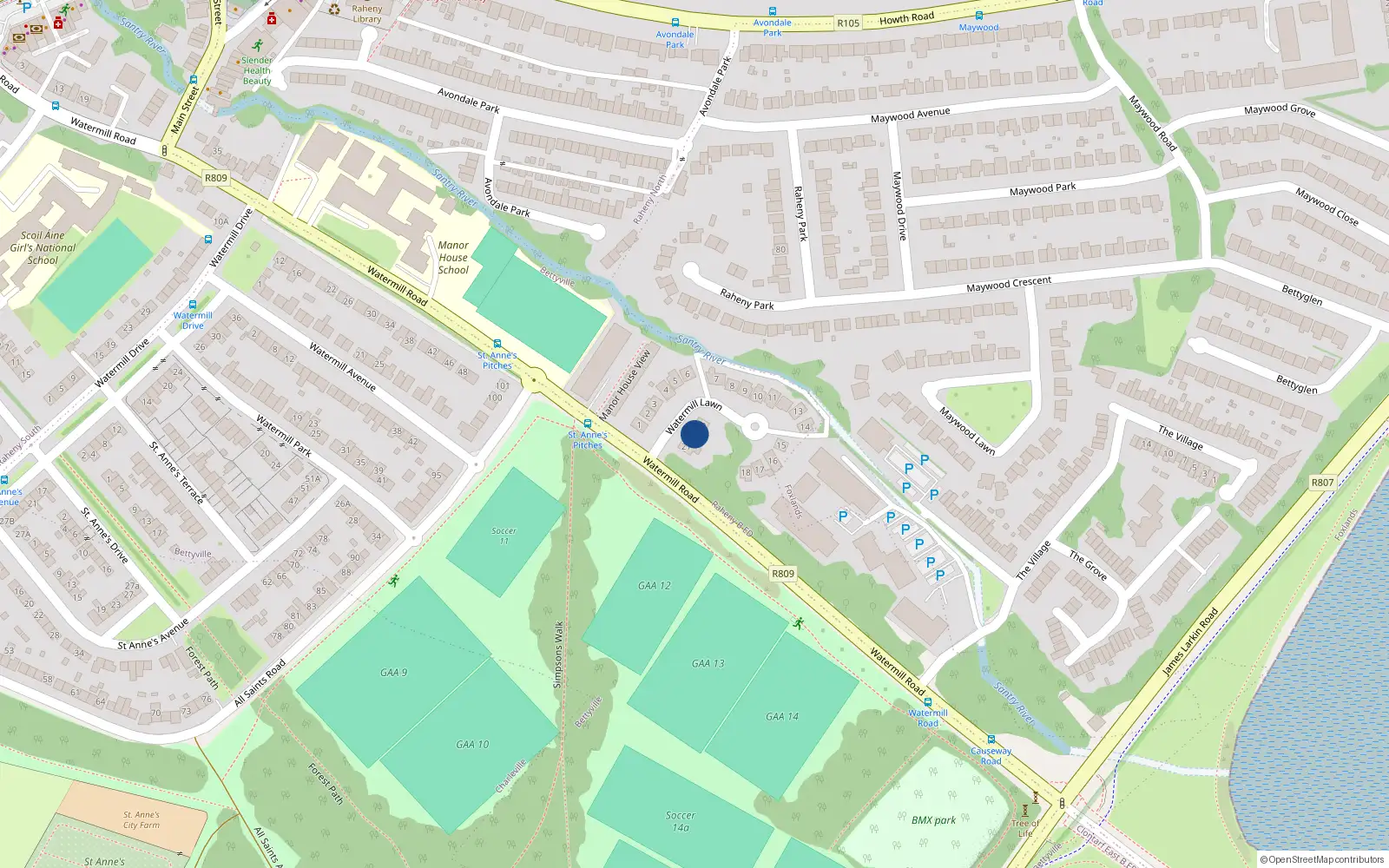Overhead map showing the location of 20 Watermill Lawn, Raheny, Dublin 5
