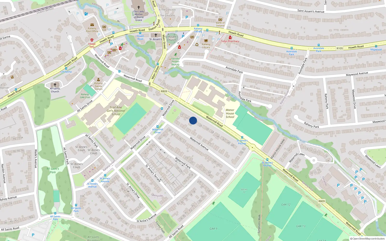 Overhead map showing the location of 20 Watermill Road, Raheny, Dublin 5