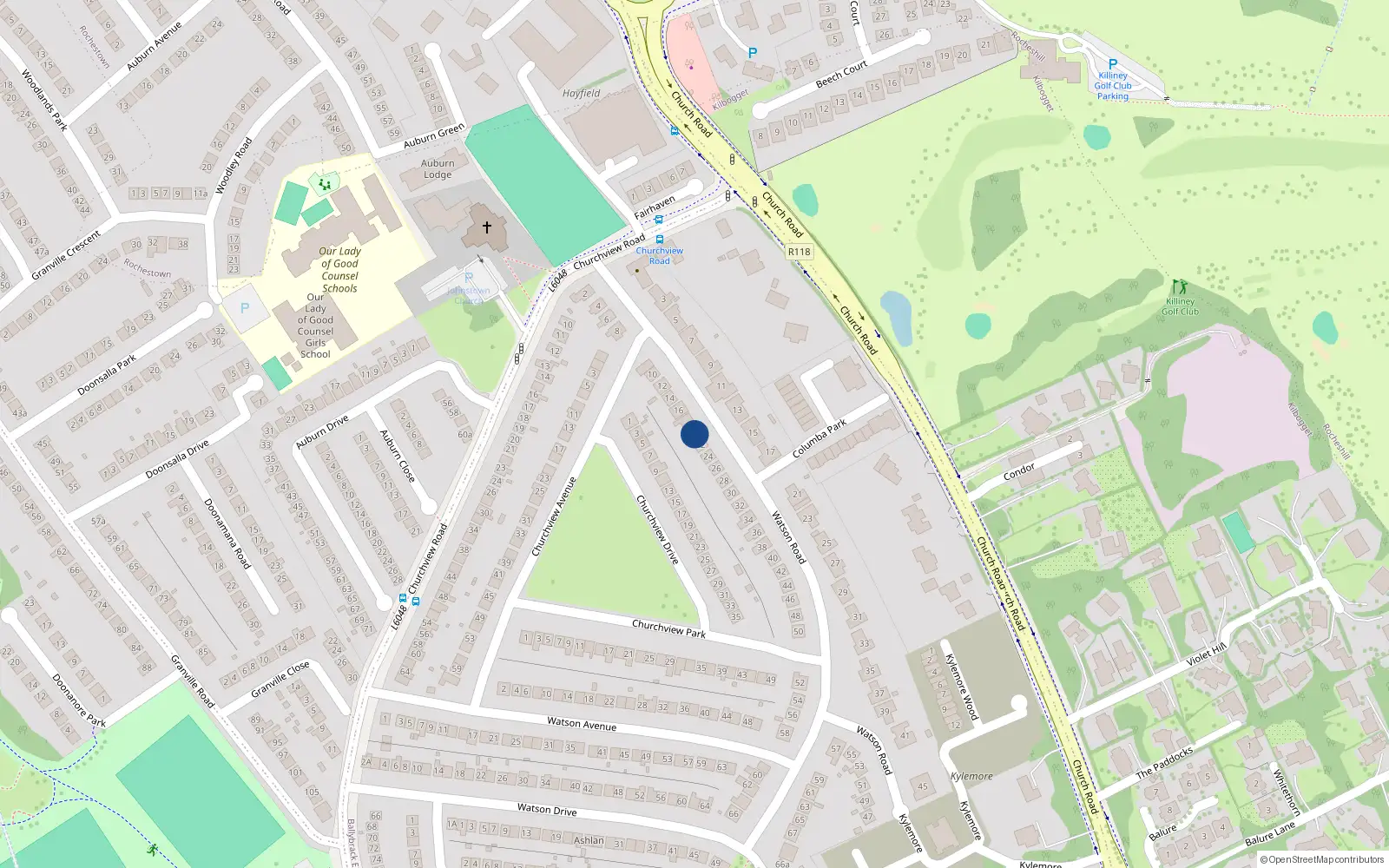 Overhead map showing the location of 20 Watson Road, Killiney, Dublin