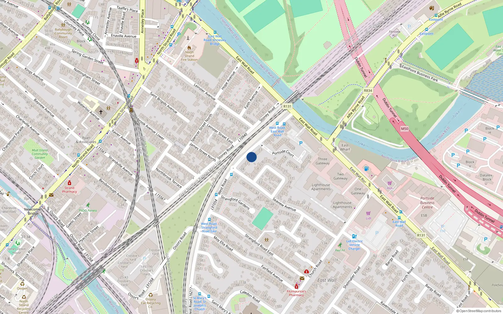 Overhead map showing the location of 20 West Road, Dublin 3