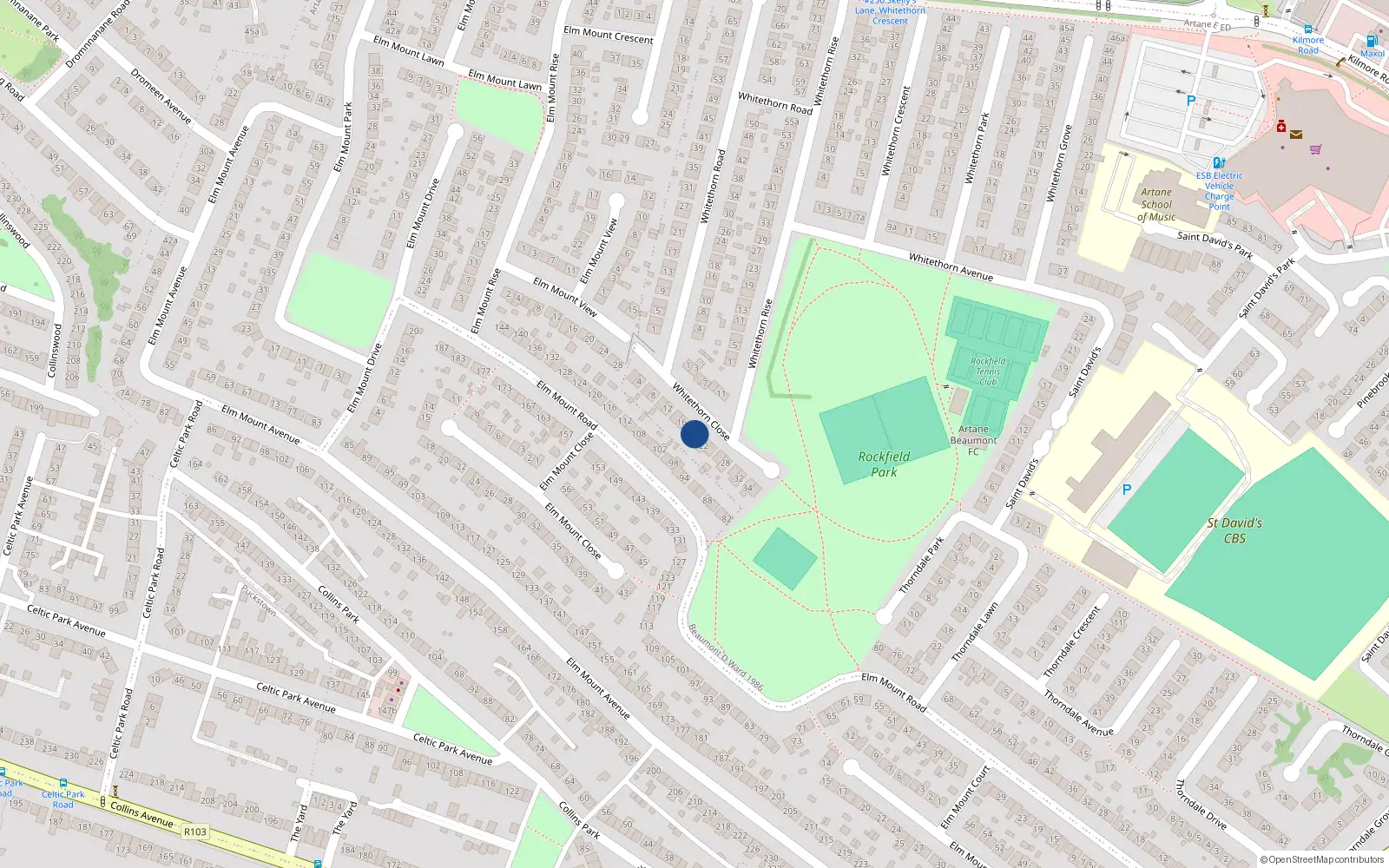Overhead map showing the location of 20 Whitethorn Close, Dublin 5