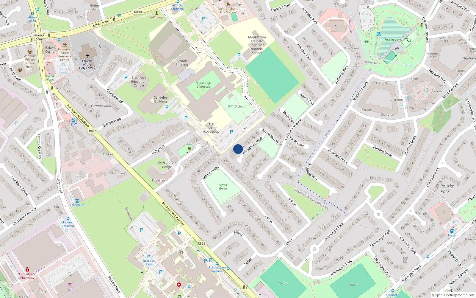 Overhead map showing the location of 20 Whitethorn Walk, Dun Laoghaire