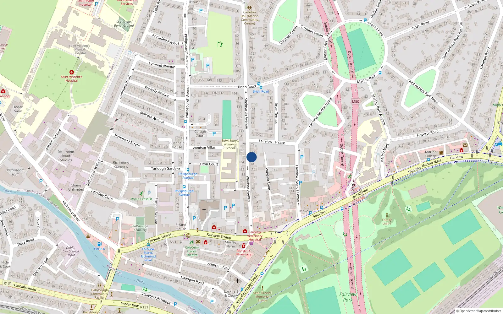 Overhead map showing the location of 20 Windsor Avenue, Dublin 3