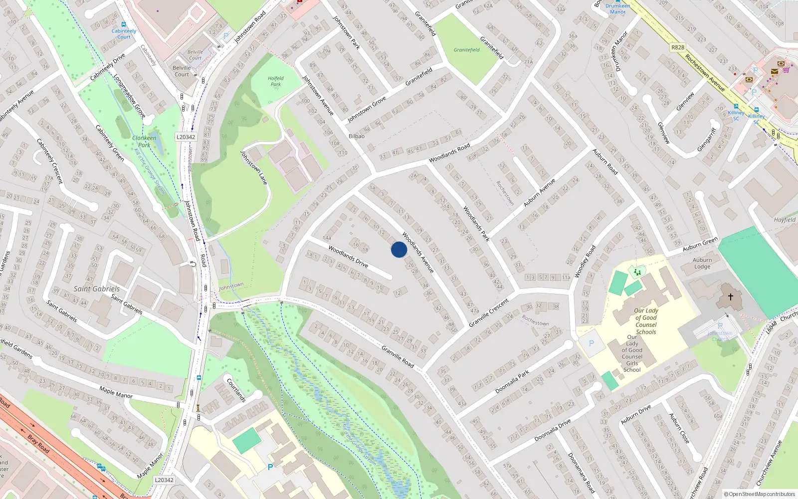 Overhead map showing the location of 20 Woodlands Avenue, Dun Laoghaire, Dublin