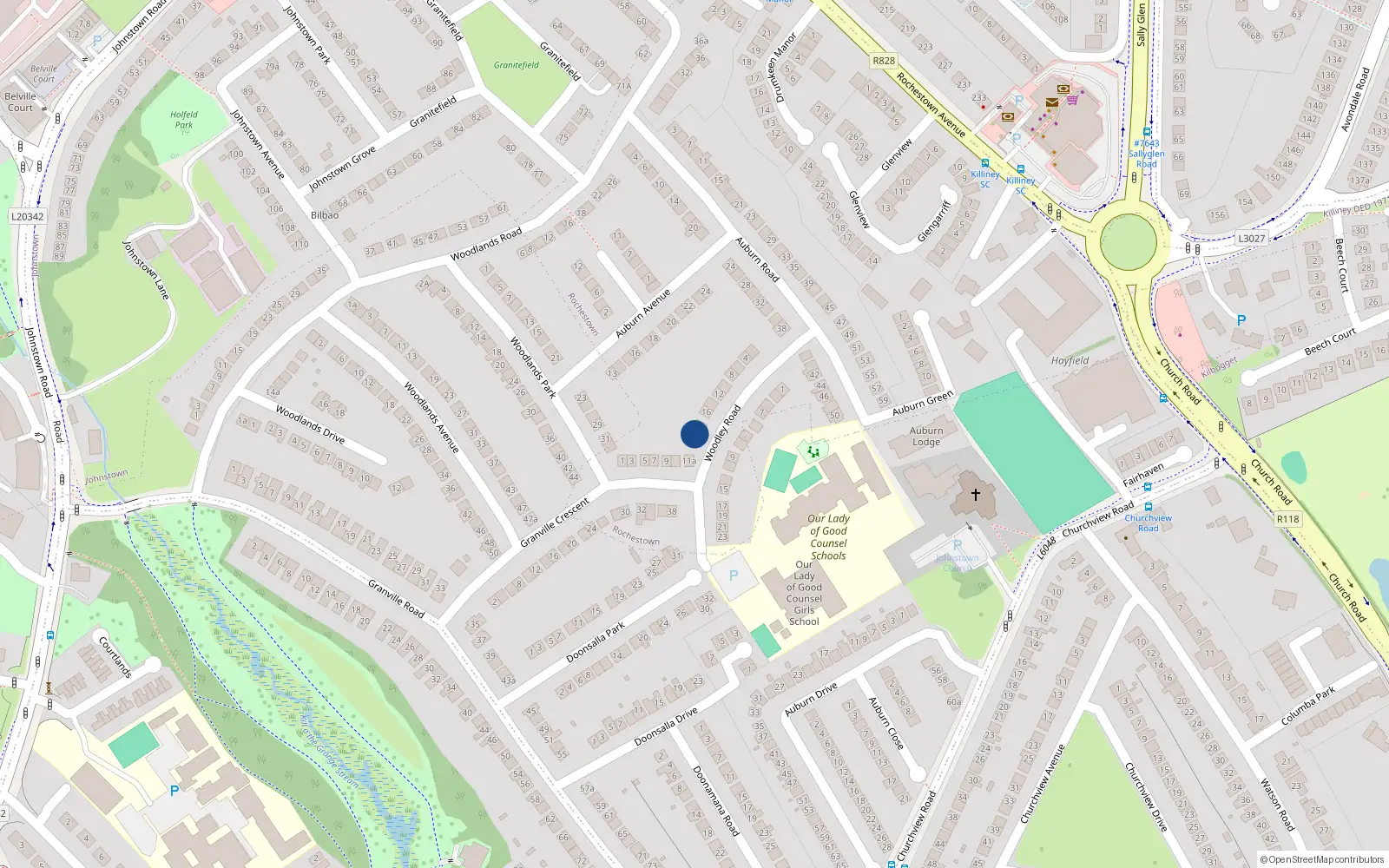 Overhead map showing the location of 20 Woodley Road, Dublin