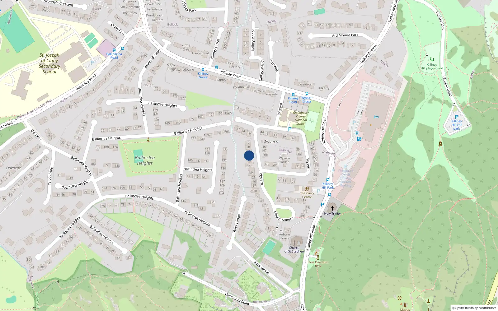 Overhead map showing the location of 20 Wyvern, Killiney