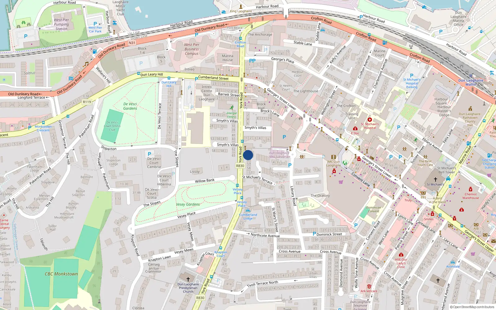Overhead map showing the location of 20 York Court, York Road, Dun Laoghaire