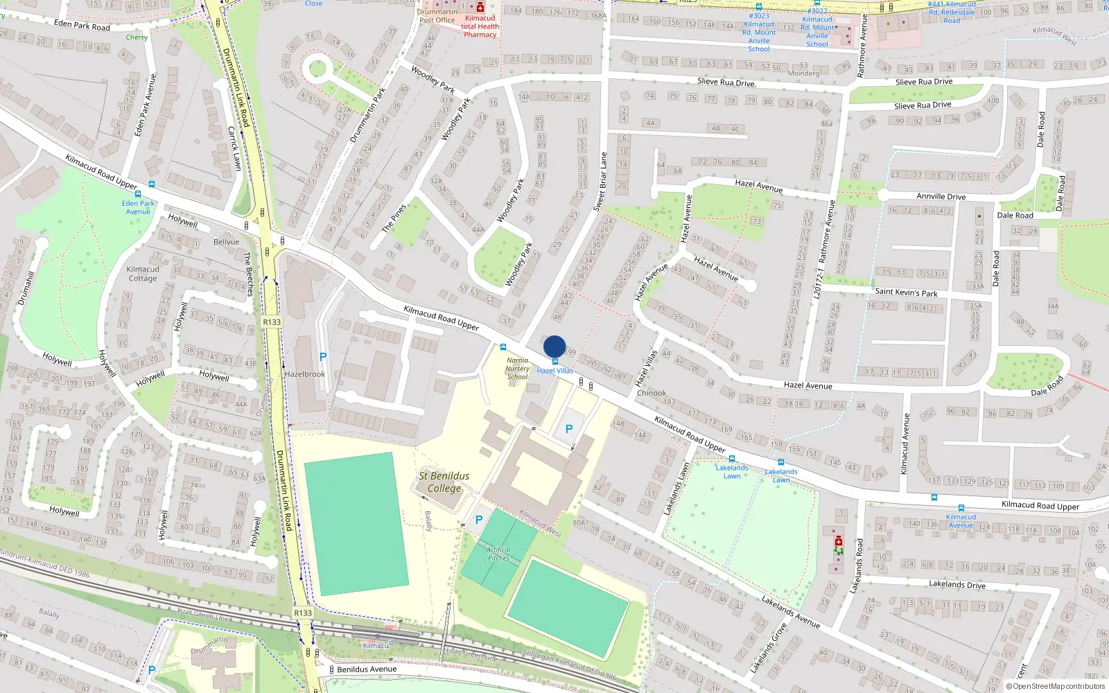 Overhead map showing the location of 203 Kilmacud Road Upper, Stillorgan, Dublin