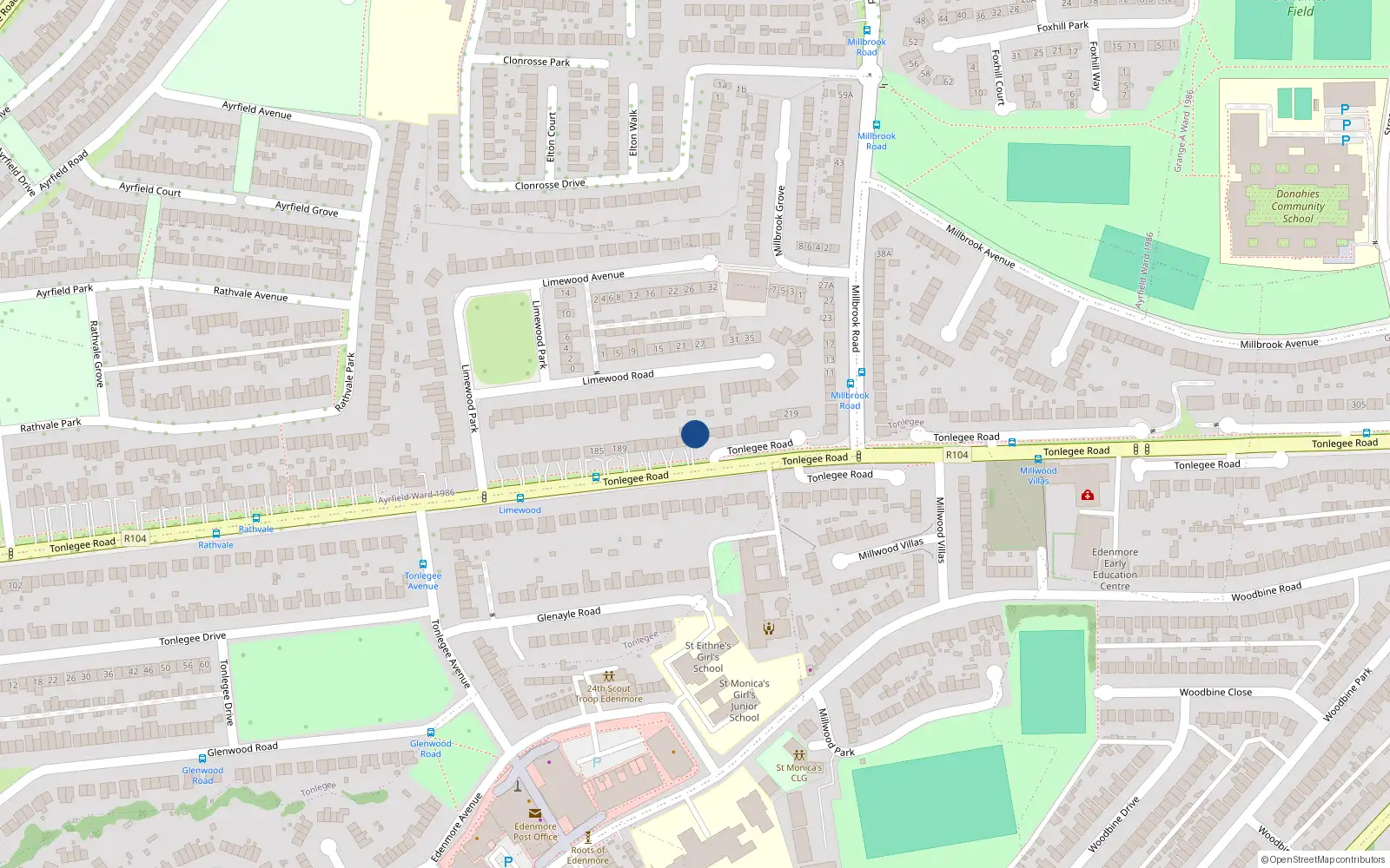Overhead map showing the location of 203 Tonglee Road, Coolock
