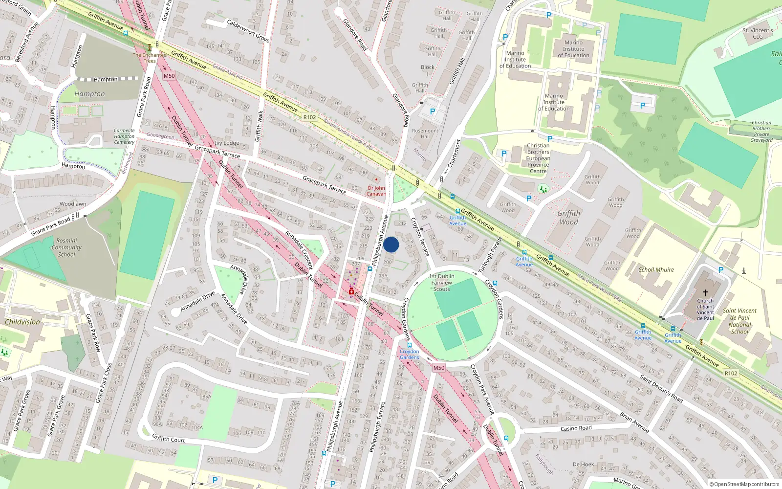 Overhead map showing the location of 206 Philipsburgh Avenue, Dublin 3