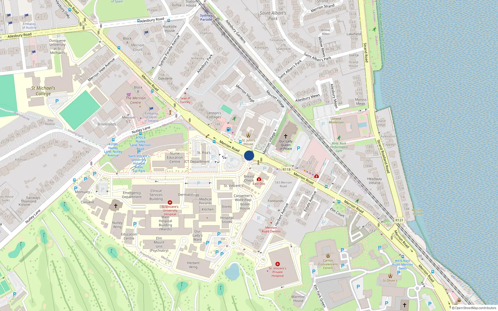 Overhead map showing the location of 209 Merrion Road, Merrion