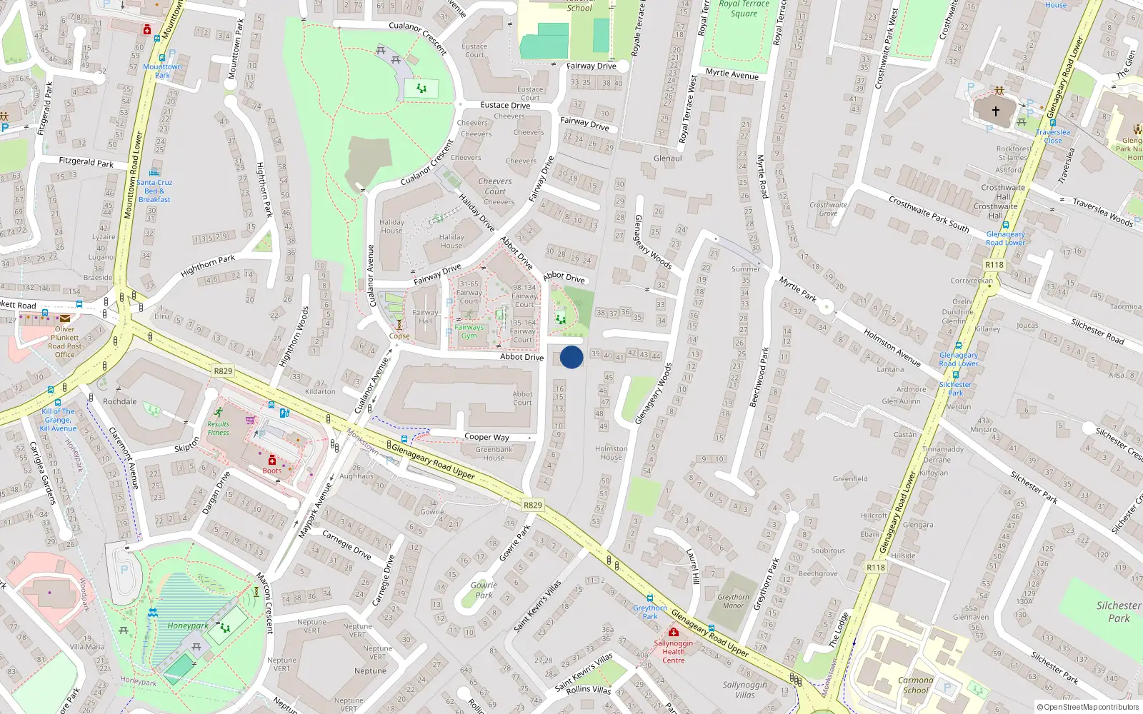 Overhead map showing the location of 21 Abbot Drive, Dun Laoghaire