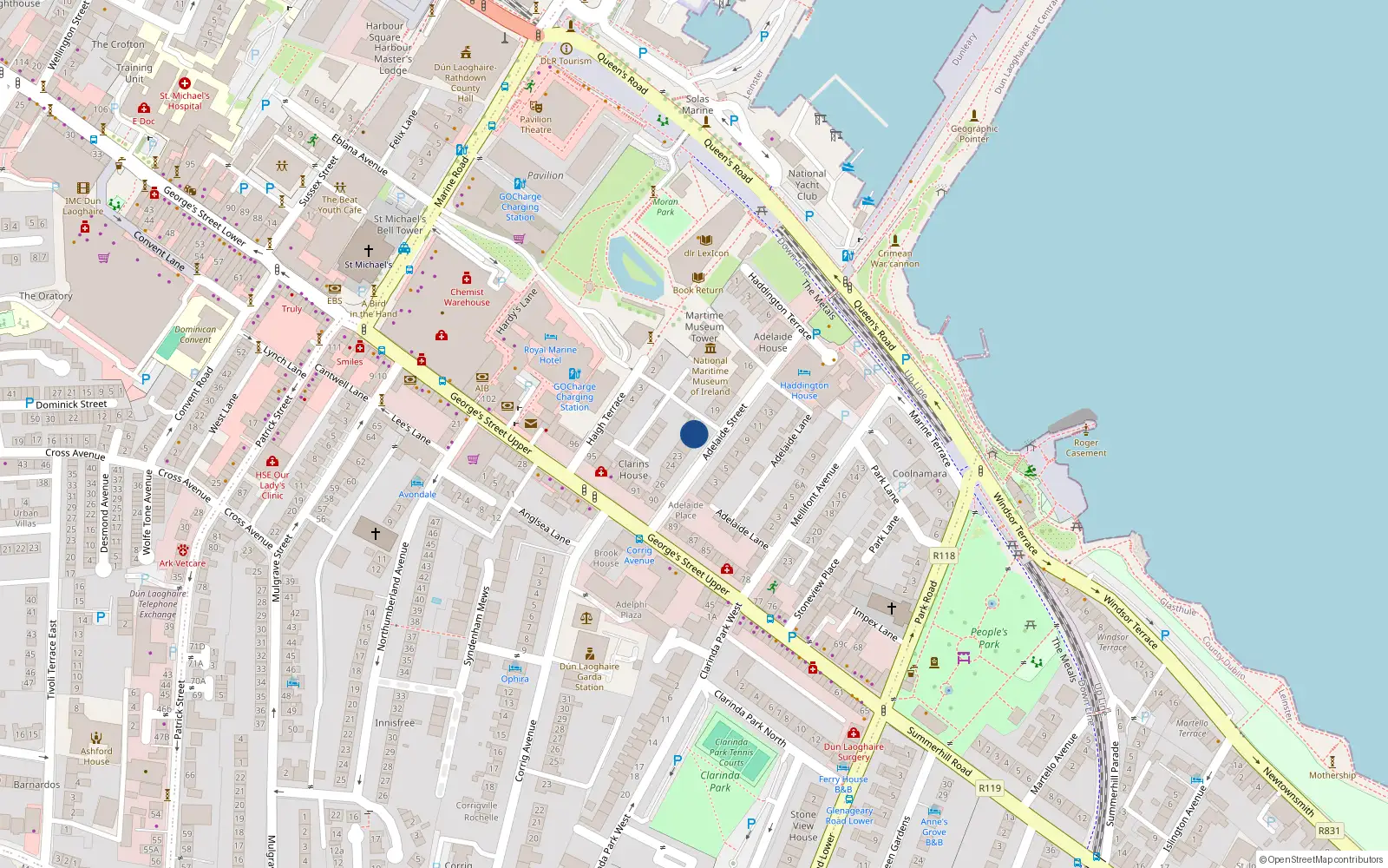 Overhead map showing the location of 21 Adelaide Street, Dublin