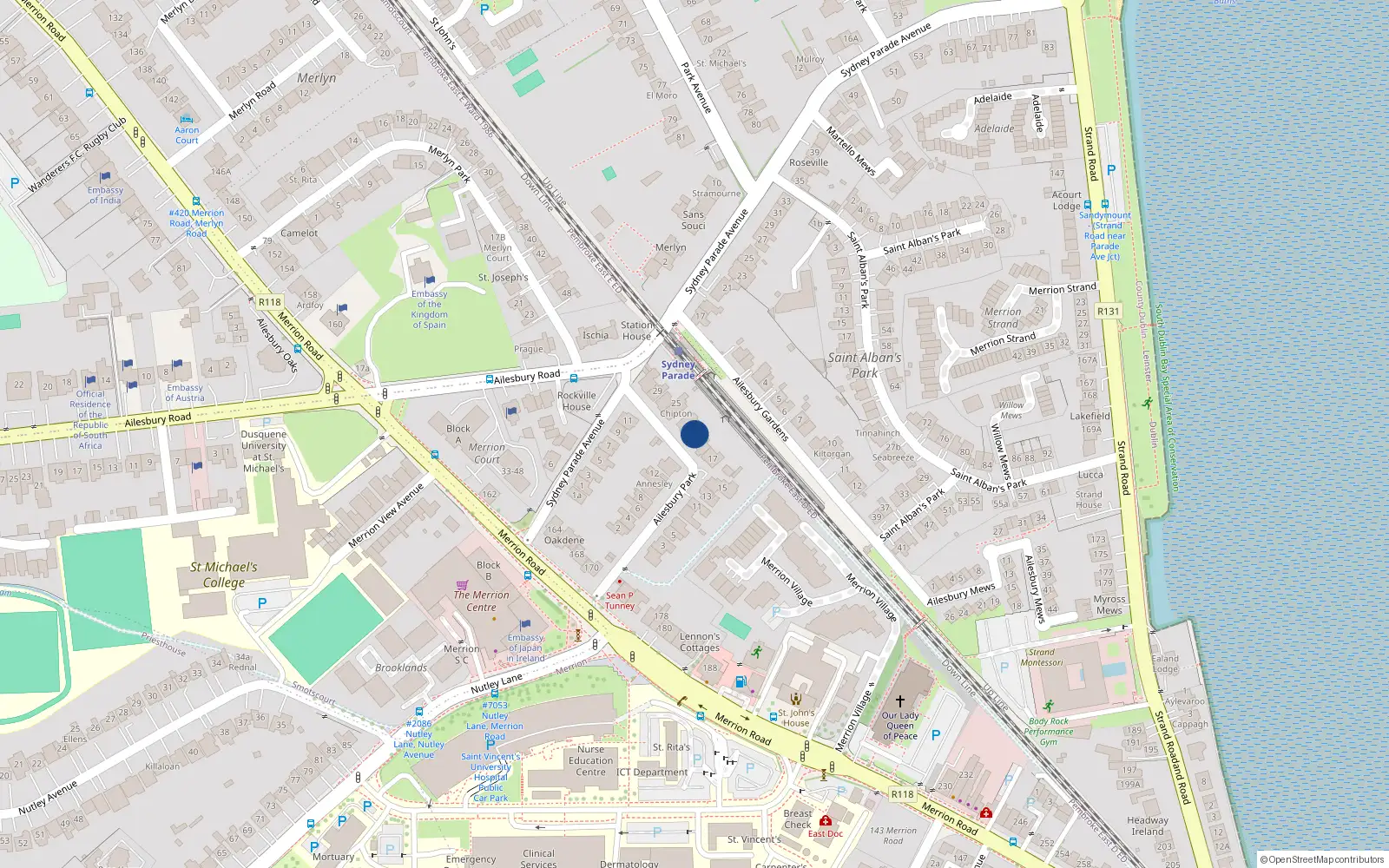 Overhead map showing the location of 21 Ailesbury Park, Merrion