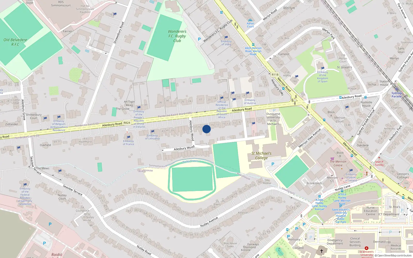 Overhead map showing the location of 21 Ailesbury Road, Simmonscourt