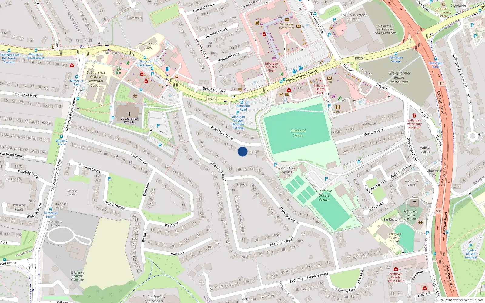 Overhead map showing the location of 21 Allen Park Drive, Dublin