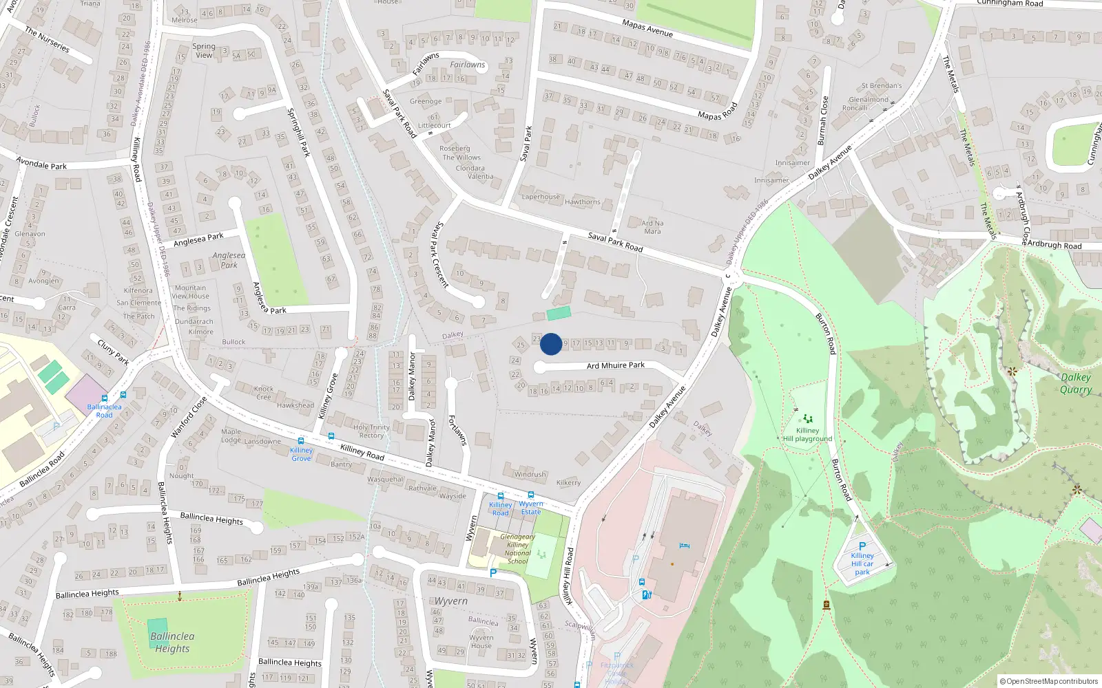 Overhead map showing the location of 21 Ard Mhuire Park, Dalkey Avenue, Dalkey