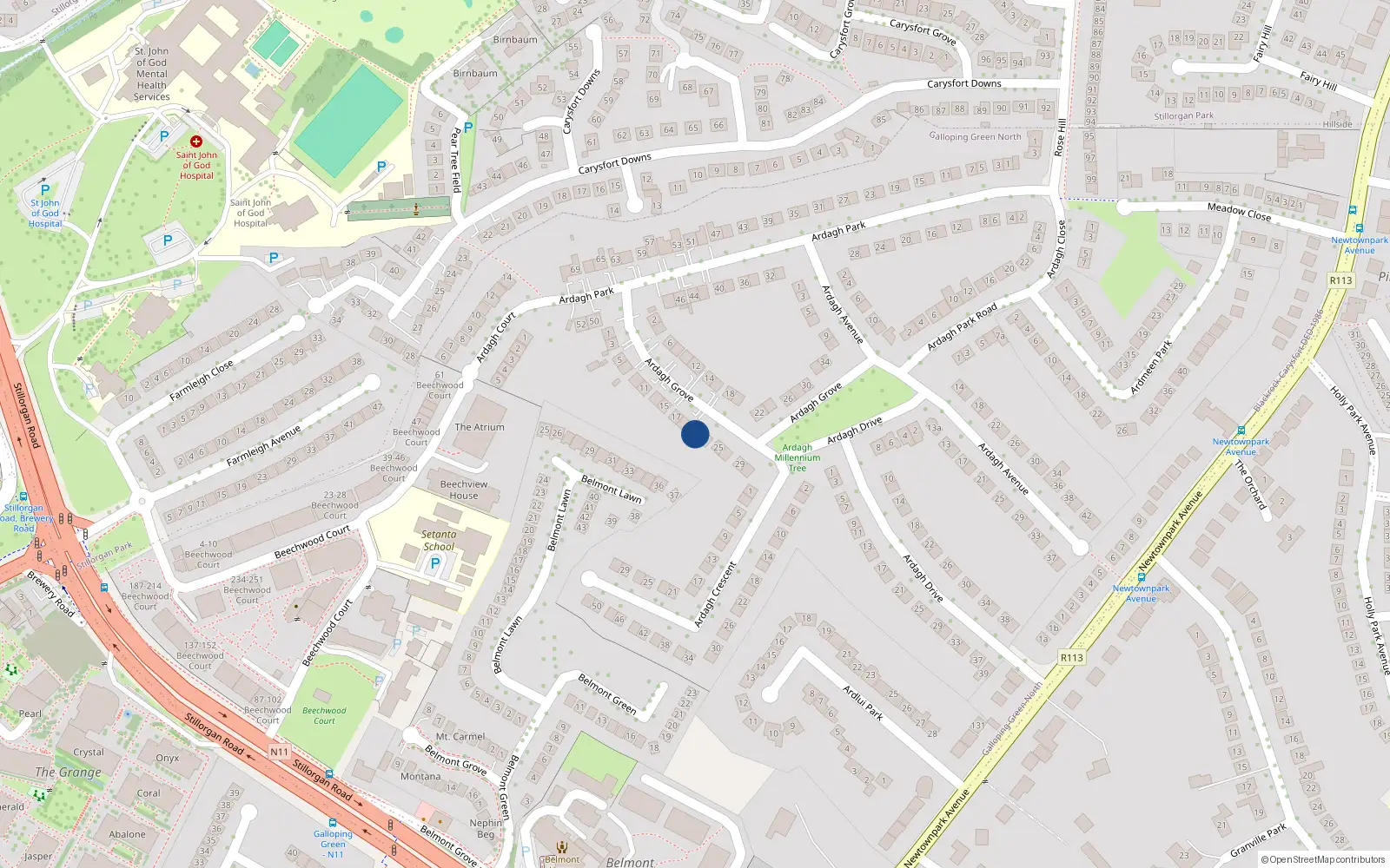 Overhead map showing the location of 21 Ardagh Grove, Blackrock