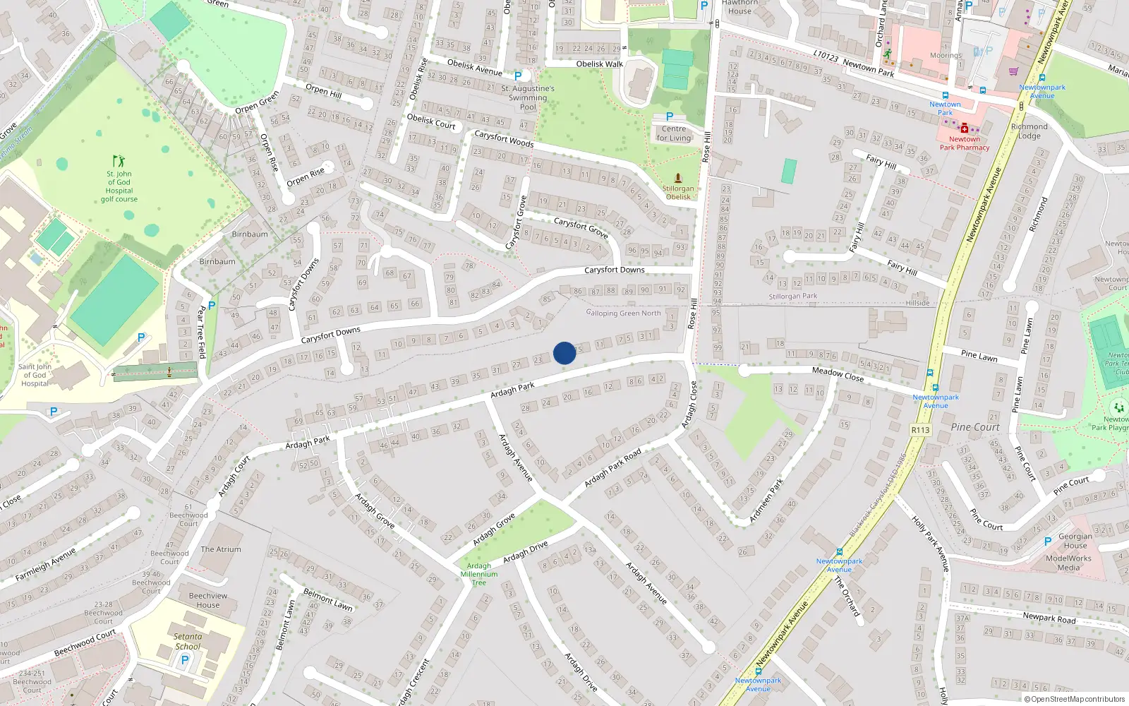 Overhead map showing the location of 21 Ardagh Park, Blackrock, Dublin