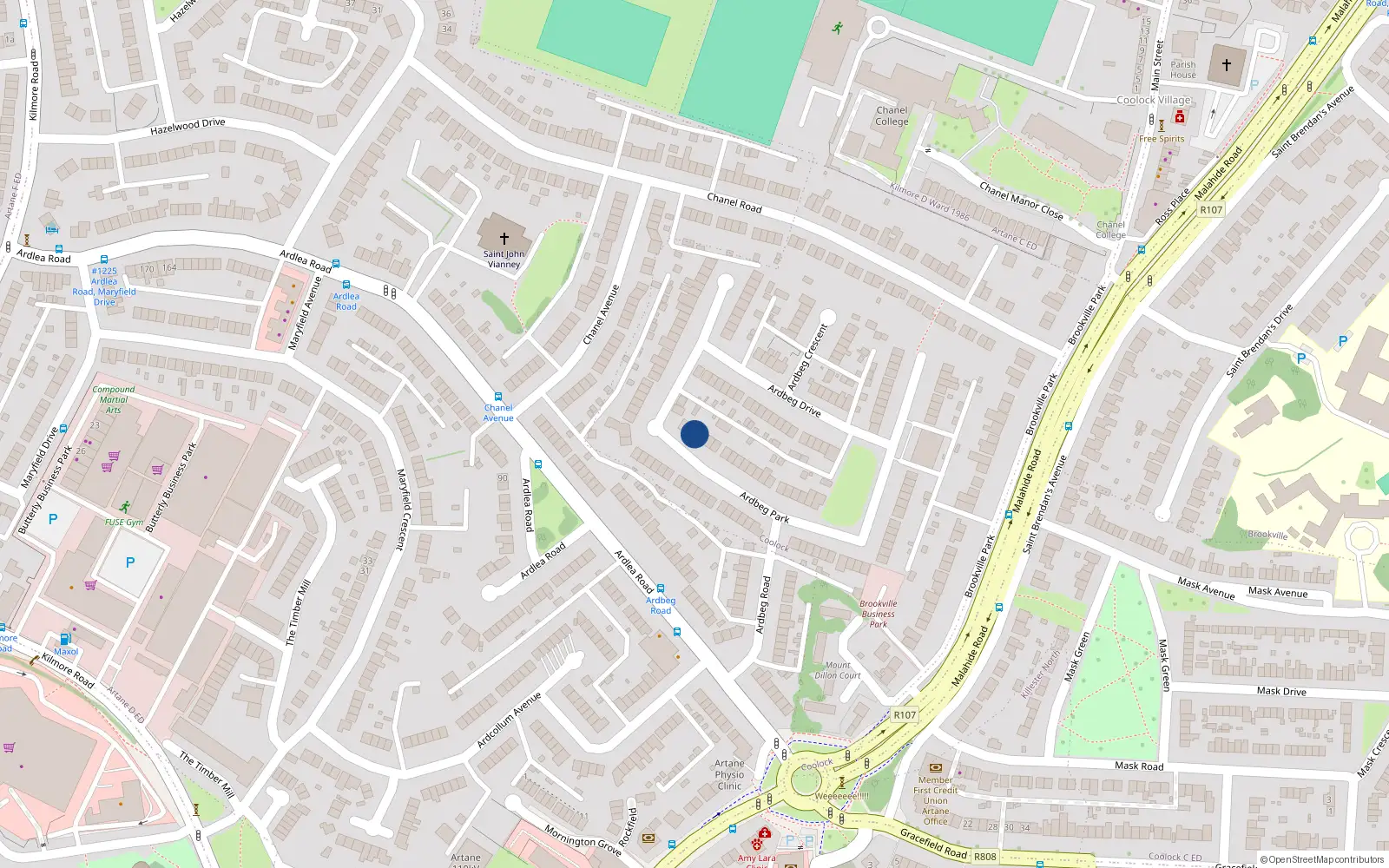 Overhead map showing the location of 21 Ardbeg Park, Artane, Dublin 5