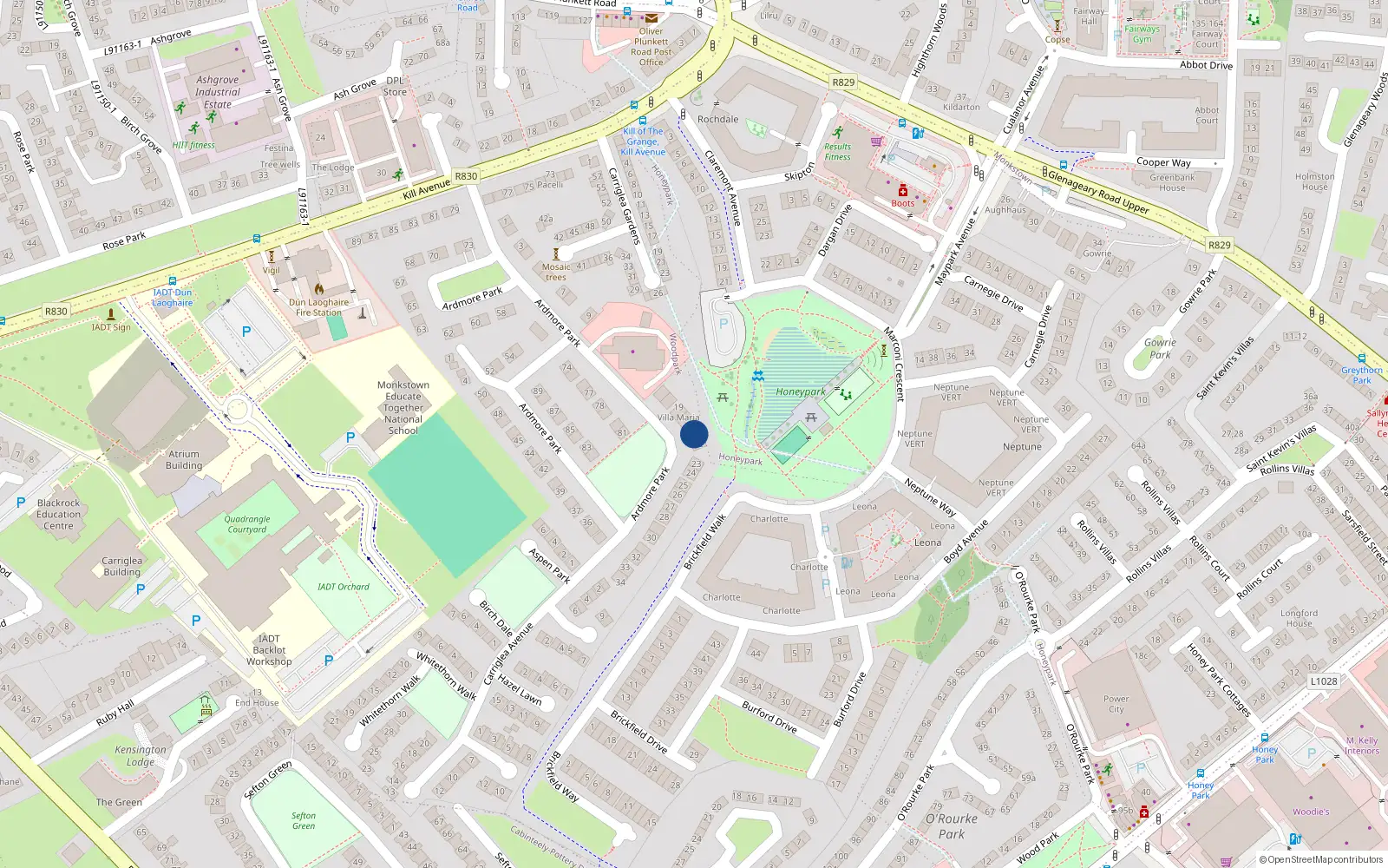 Overhead map showing the location of 21 Ardmore Park, Kill Avenue, Dun Laoghaire