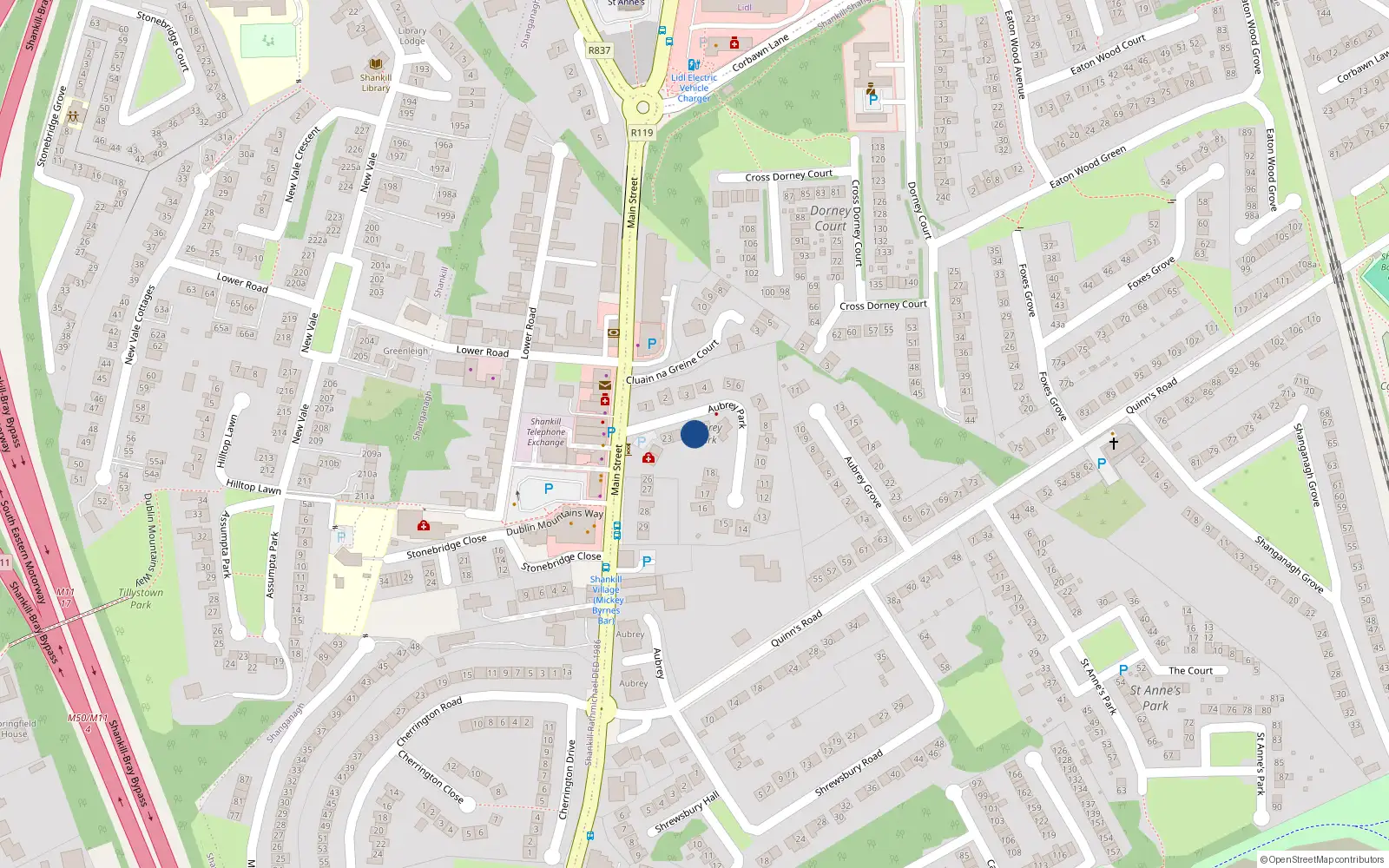 Overhead map showing the location of 21 Aubrey Park, Shankill