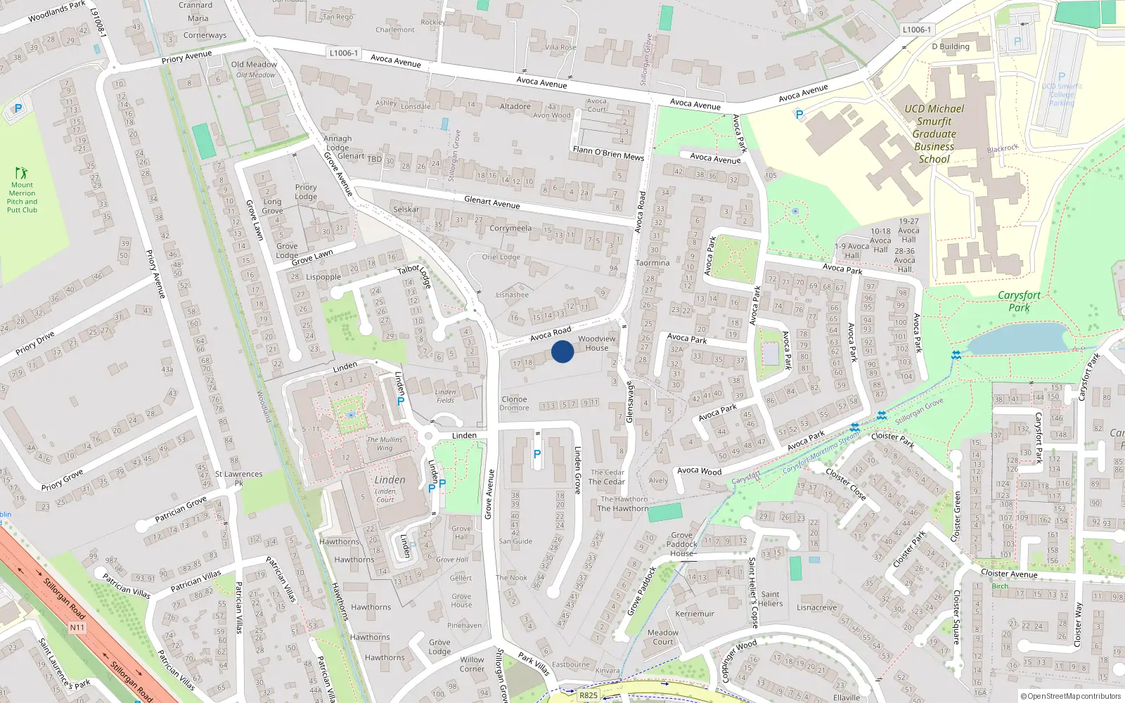 Overhead map showing the location of 21 Avoca Road, Blackrock