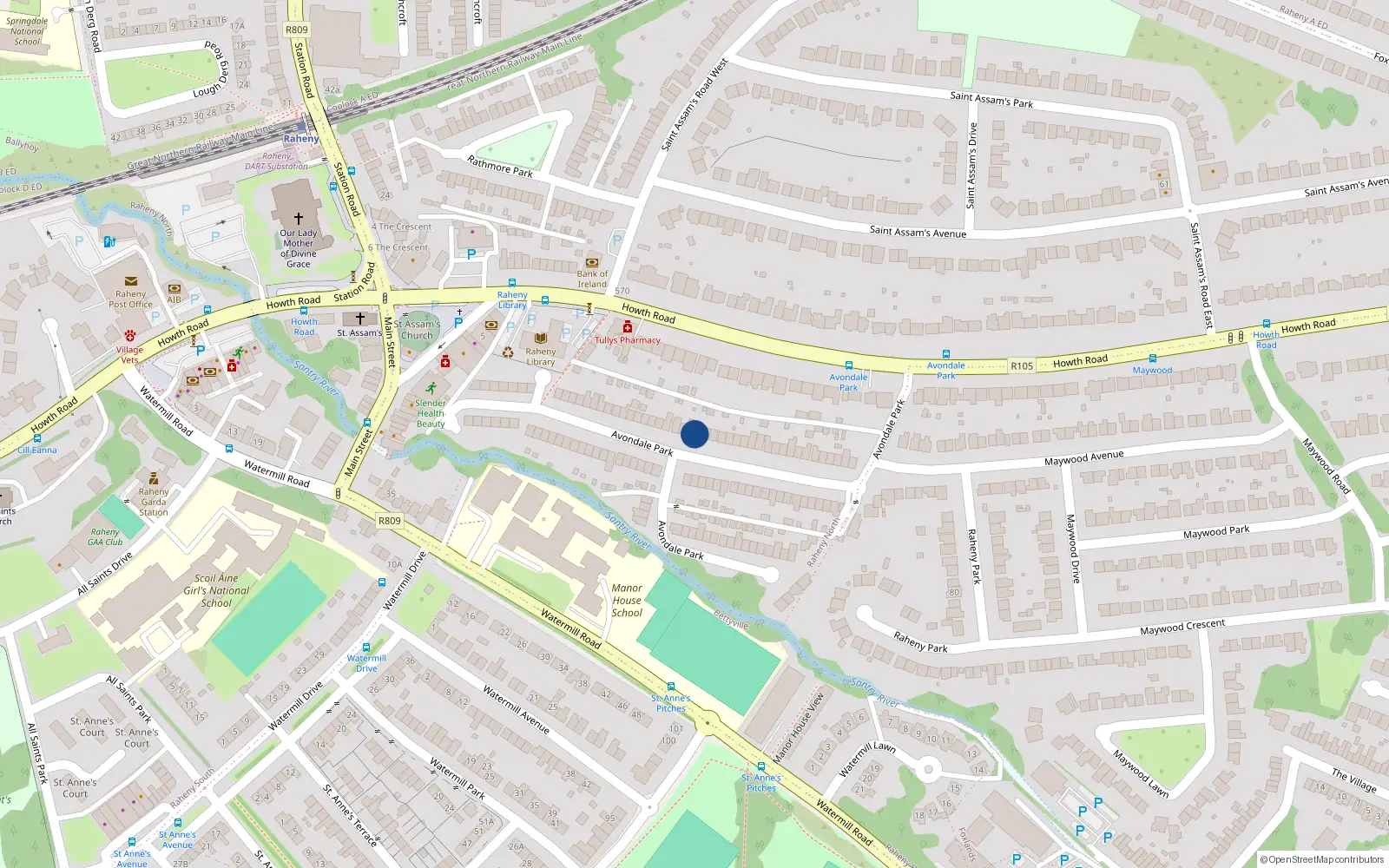 Overhead map showing the location of 21 Avondale Park, Raheny, Dublin 5