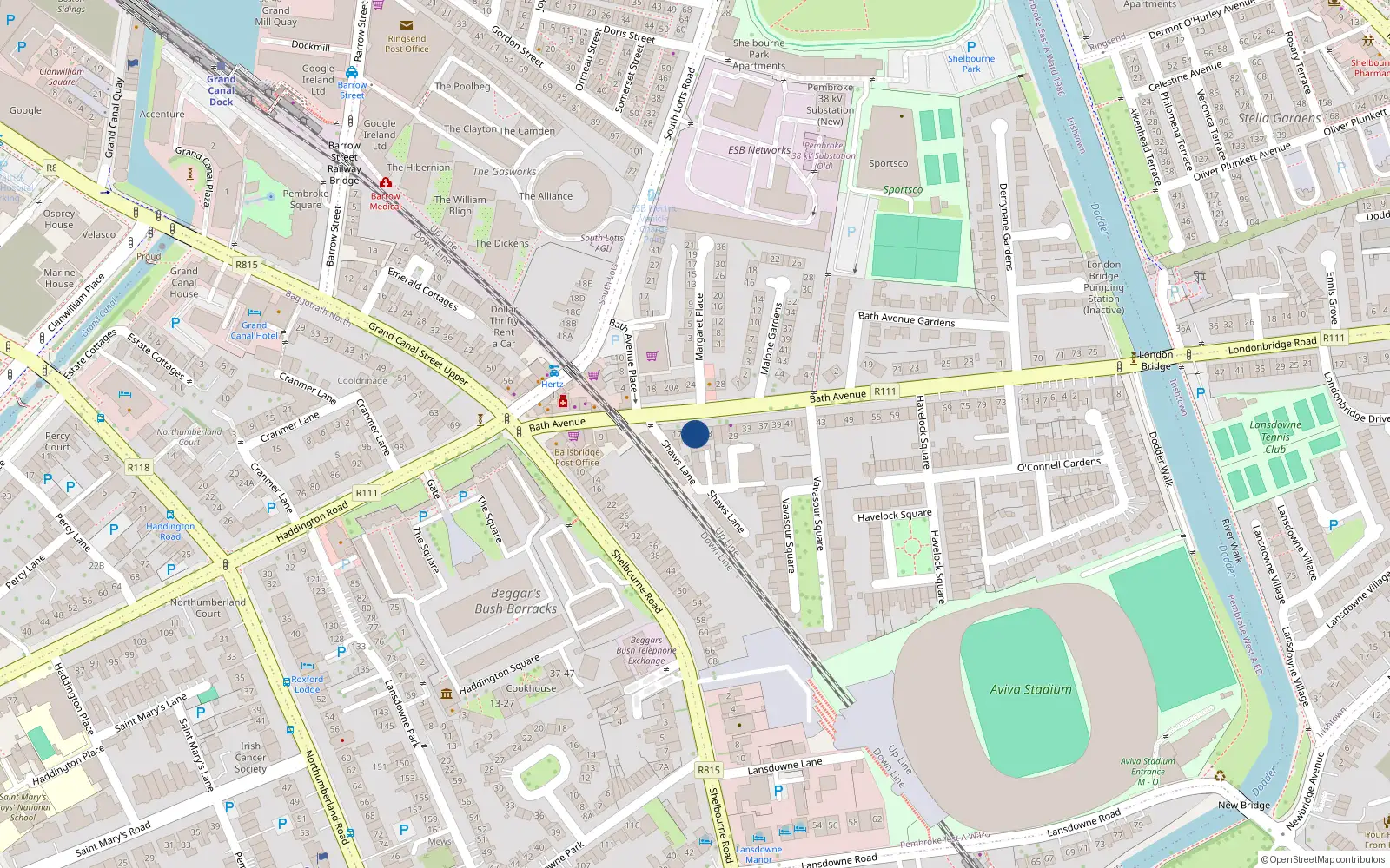 Overhead map showing the location of 21 Bath Avenue, Dublin 4