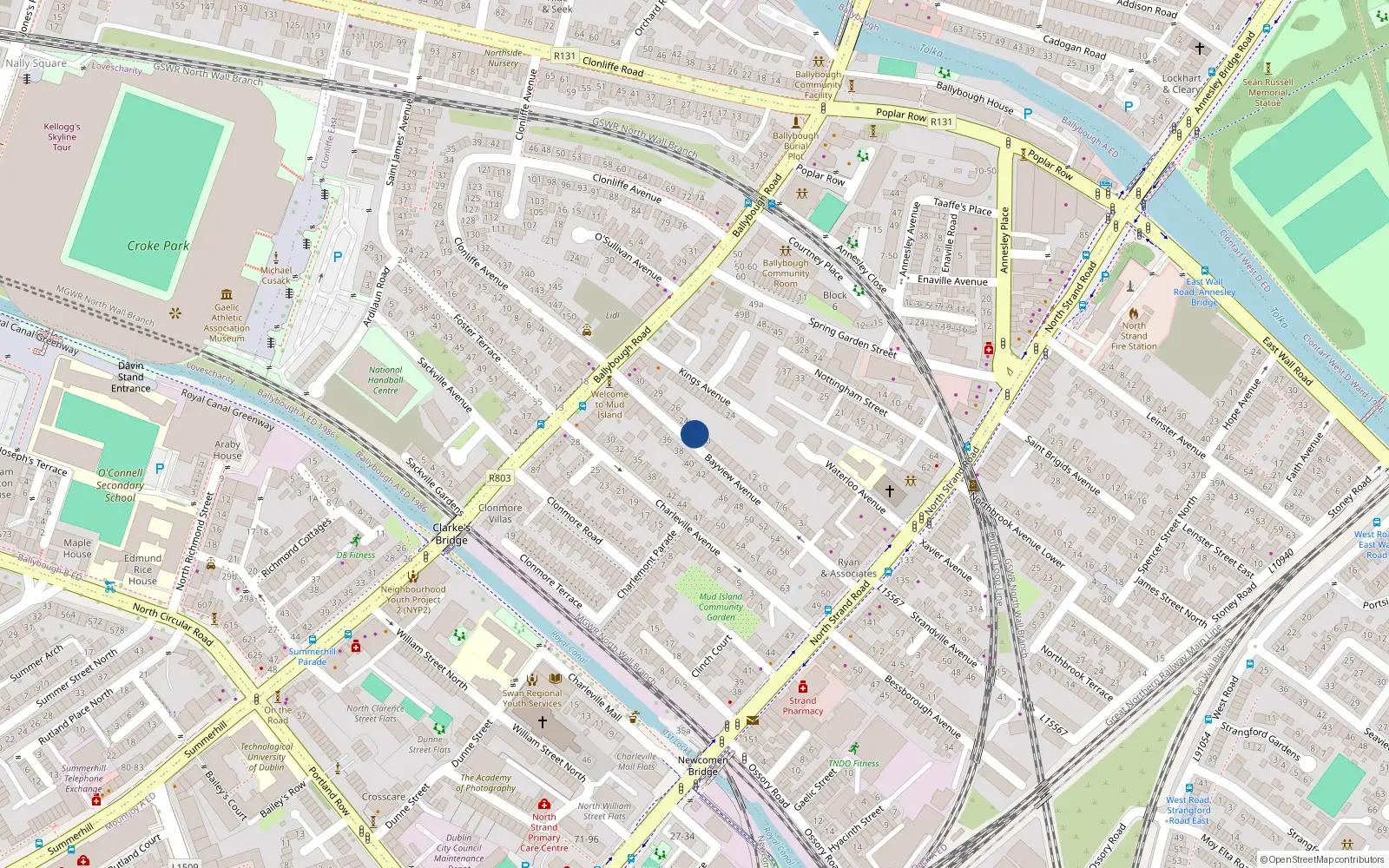 Overhead map showing the location of 21 Bayview Avenue, North Strand, Dublin 3