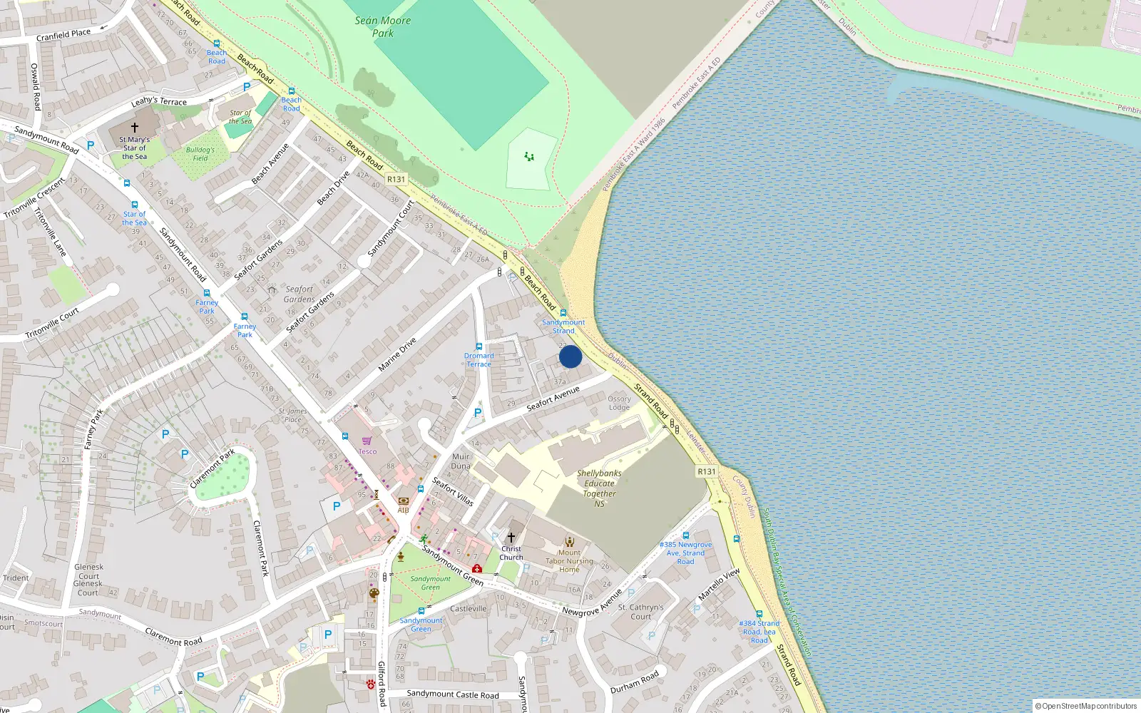 Overhead map showing the location of 21 Beach Road, Sandymount