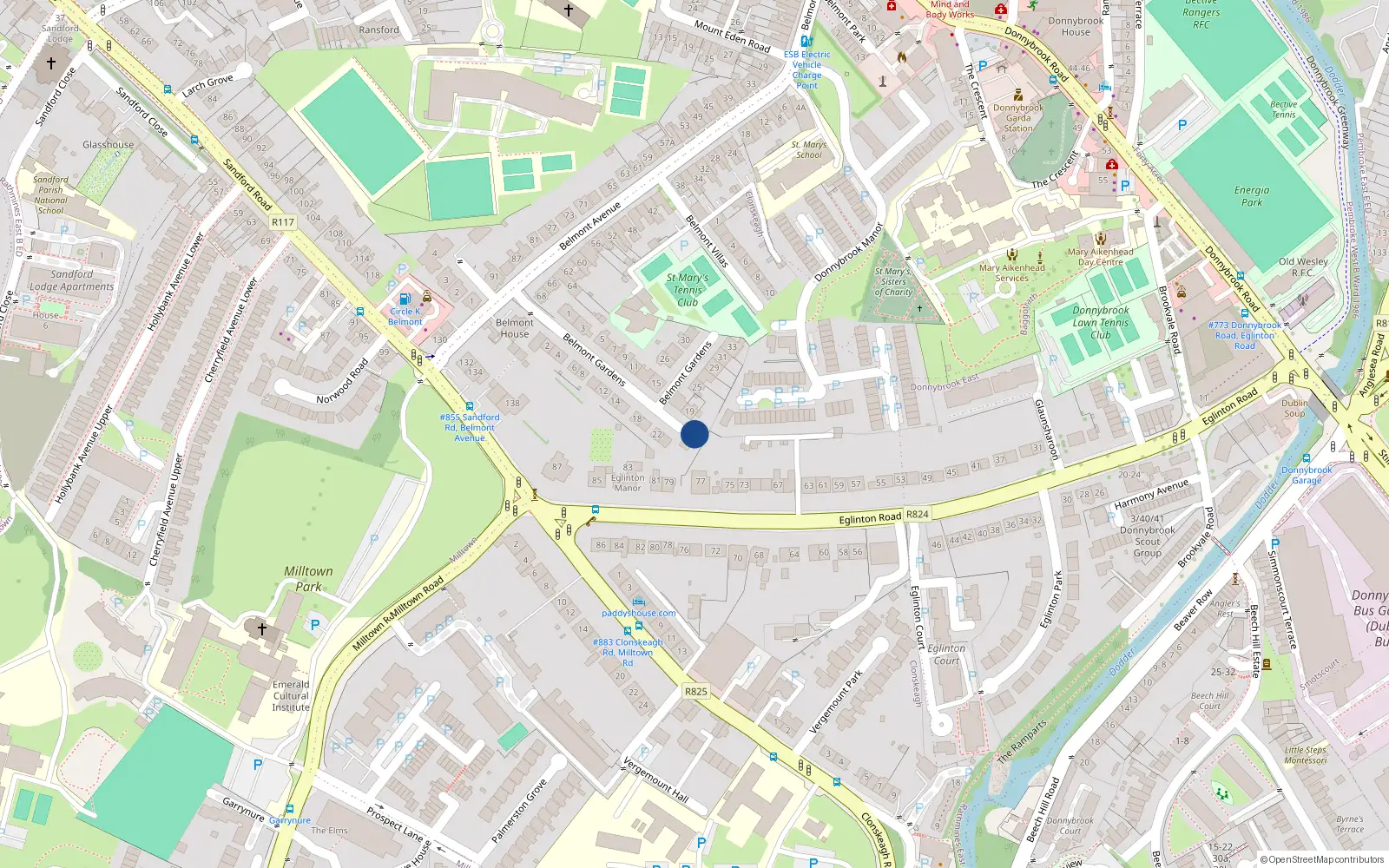 Overhead map showing the location of 21 Belmont Gardens, Donnybrook