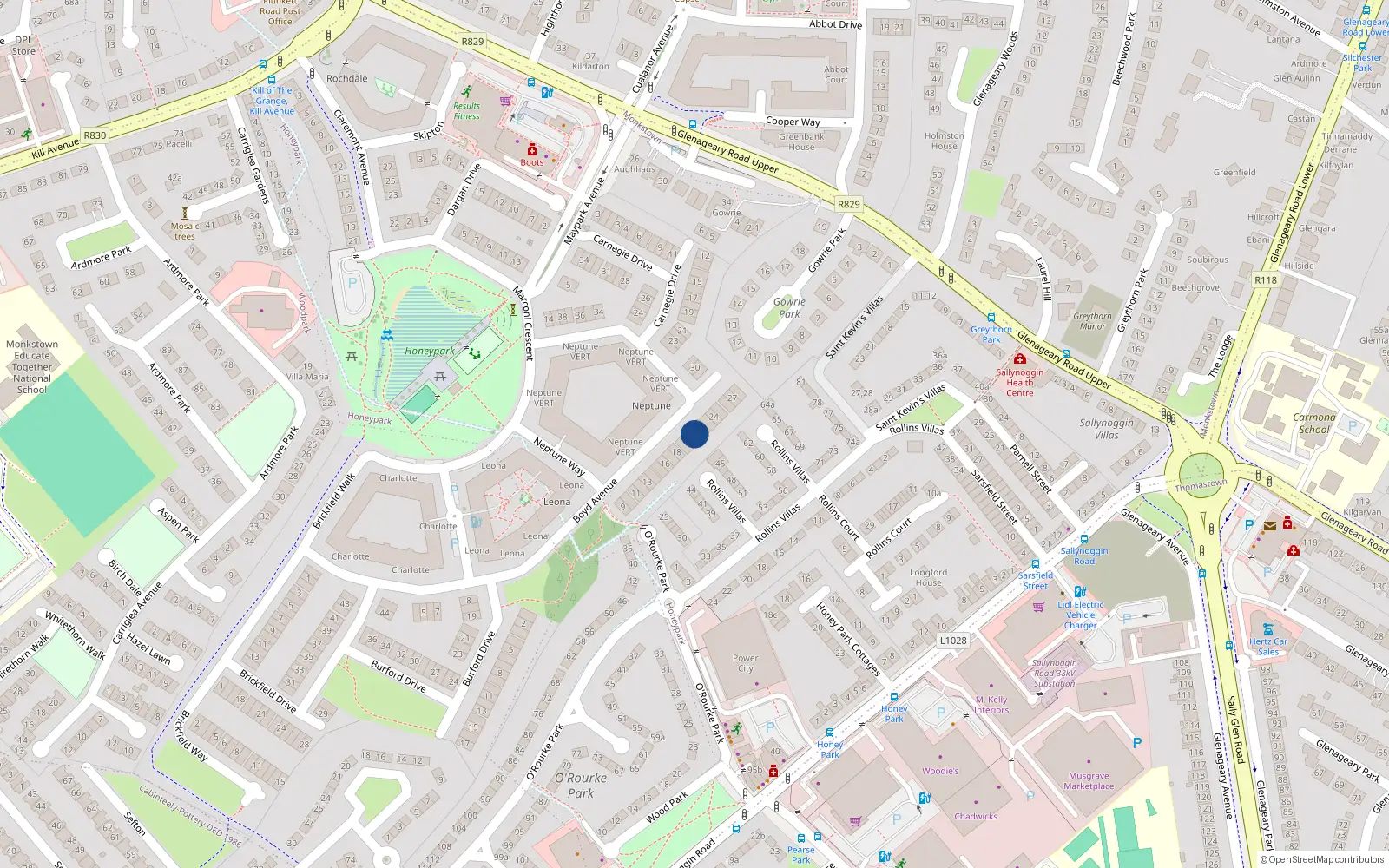 Overhead map showing the location of 21 Boyd Avenue, Dun Laoghaire