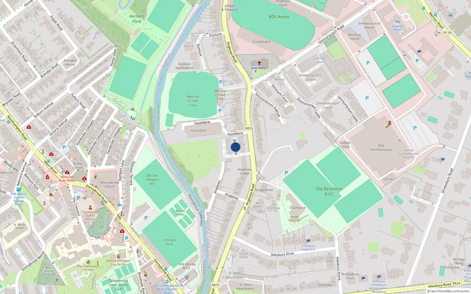 Overhead map showing the location of 21 Brookfield, Ballsbridge