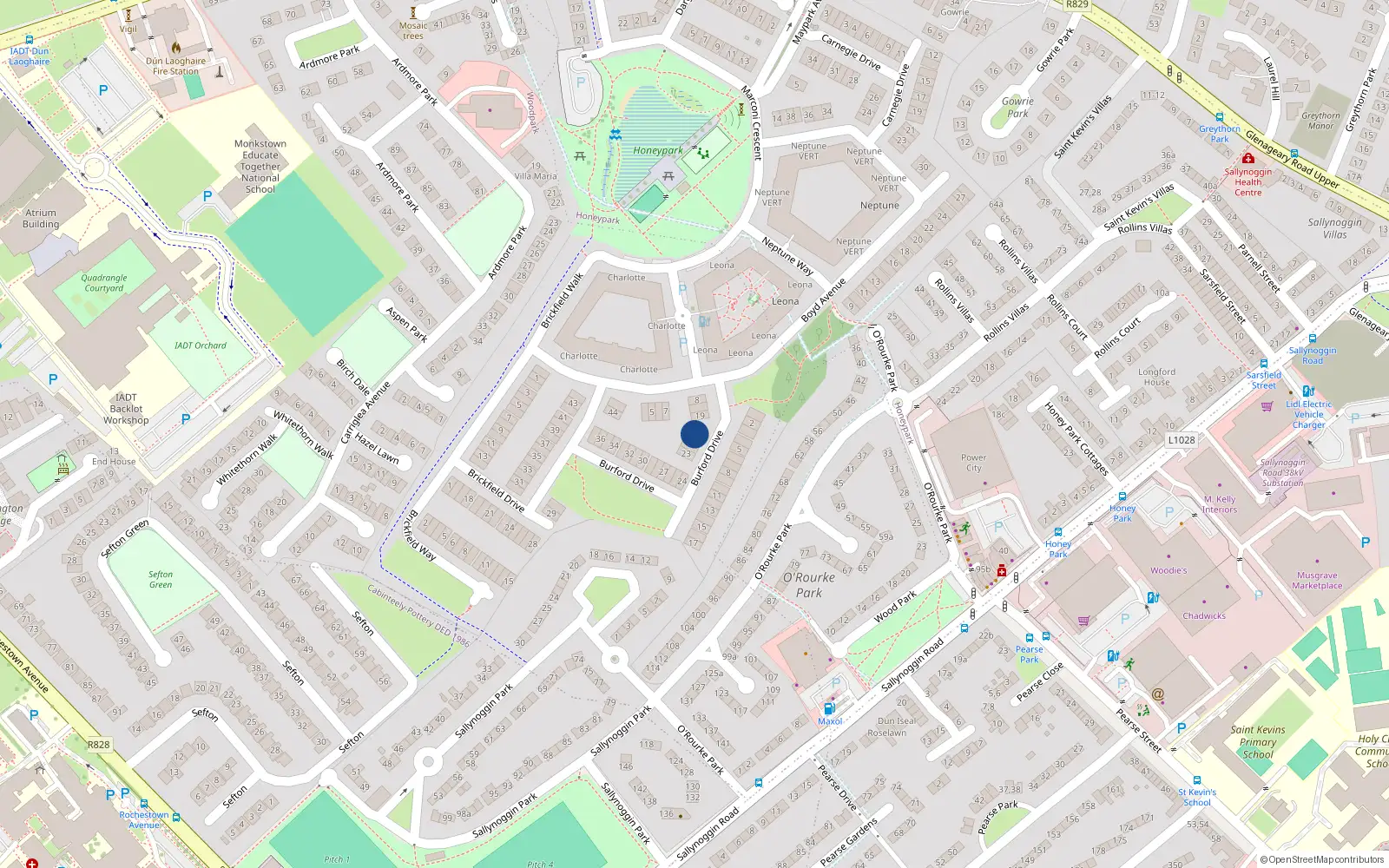 Overhead map showing the location of 21 Burford Drive, Dun Laoghaire