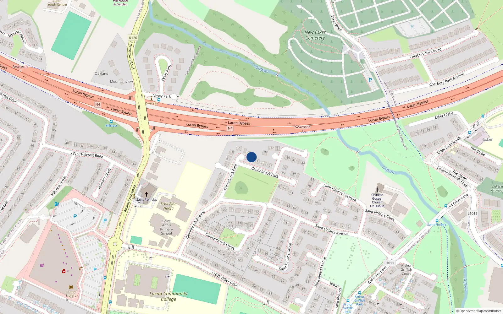 Overhead map showing the location of 21 Cannonbrook Court, Lucan, Dublin
