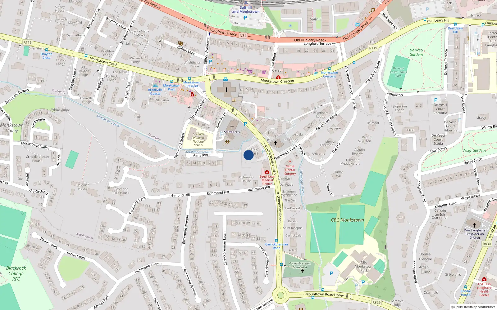 Overhead map showing the location of 21 Carrig House, Carrickbrennan Road, Monkstown
