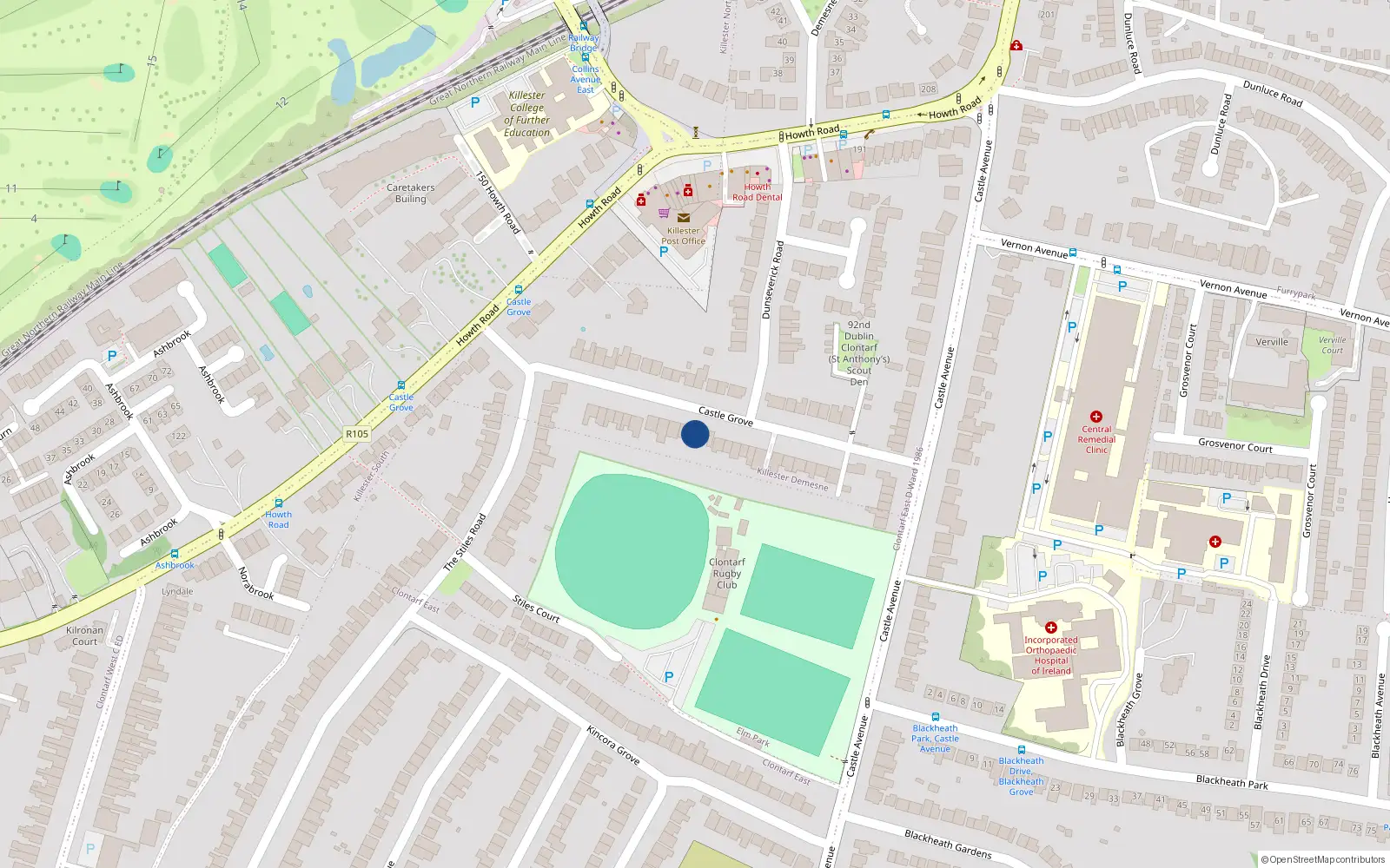 Overhead map showing the location of 21 Castle Grove, Clontarf, Dublin 3