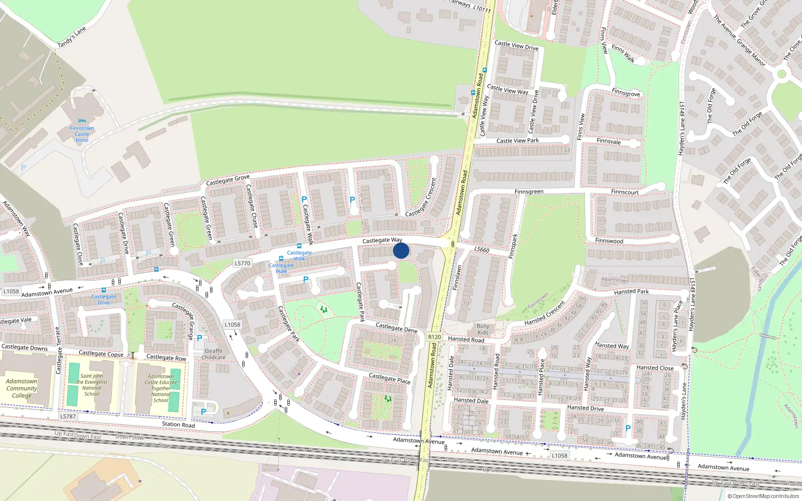 Overhead map showing the location of 21 Castlegate Way, Lucan